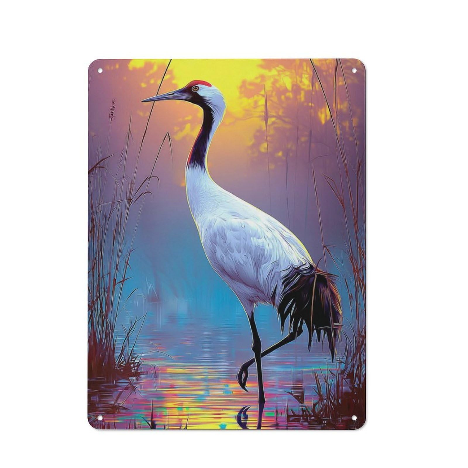 Metal Wall Sign with Colorful Crane by The Lake Design 40x30cm, Loft Style Studio Wall Art for Flat, Bar, Studio Or Gallery Wall