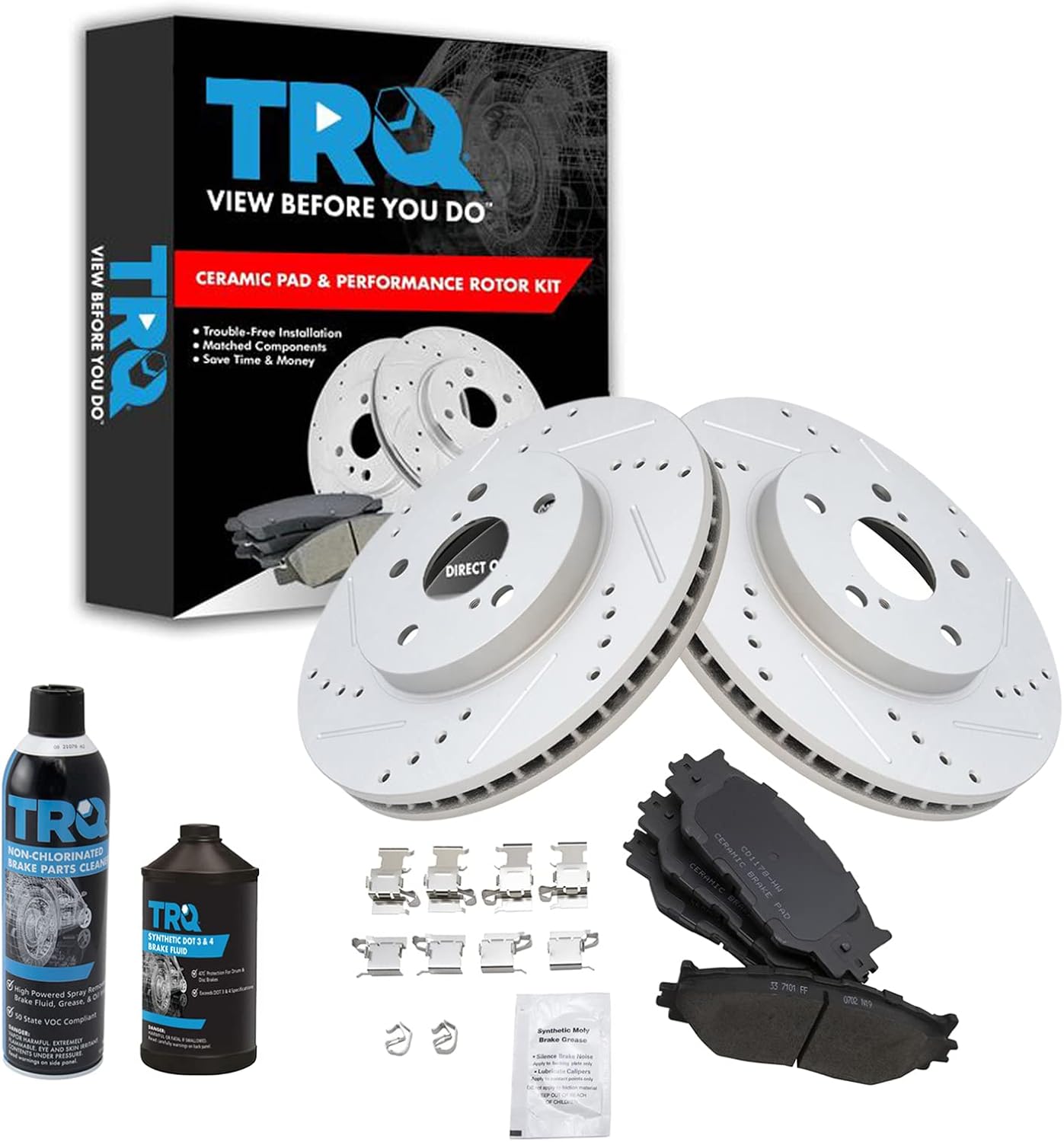 TRQ Front Performance Brake Pad & Rotor Kit Brake Chemical Kit Brake Pads Brake Rotors Set Ceramic Premium G-Coated Compatible with 2006-2015 Lexus IS250