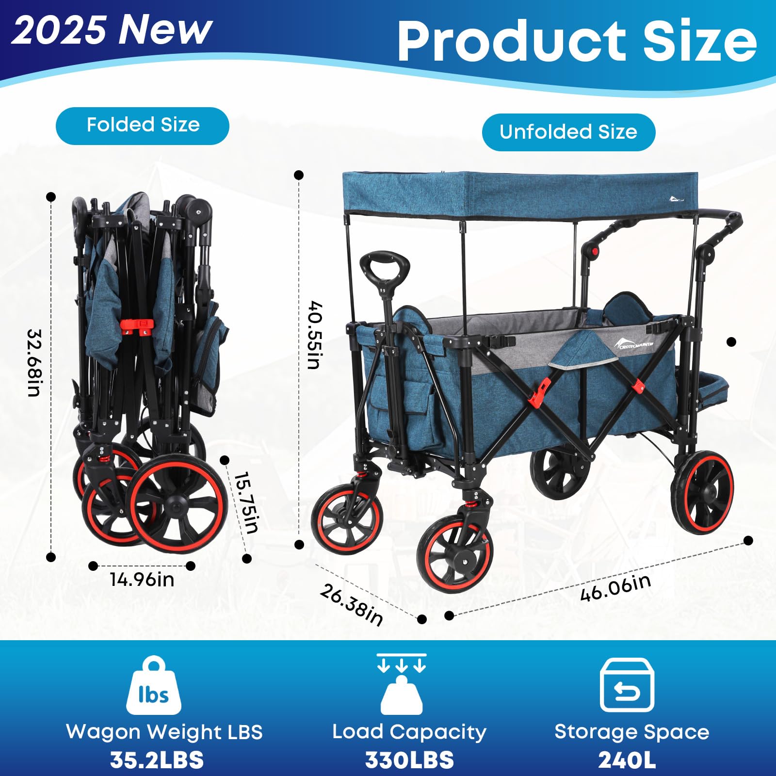 Stroller Wagon with 330LBS, All-Terrain Foldable Wagons for 2 Kids with Removable Canopy, Adjustable Push/Pull Handle for Shopping & Camping, Shock-Absorbing Wheels, Blue