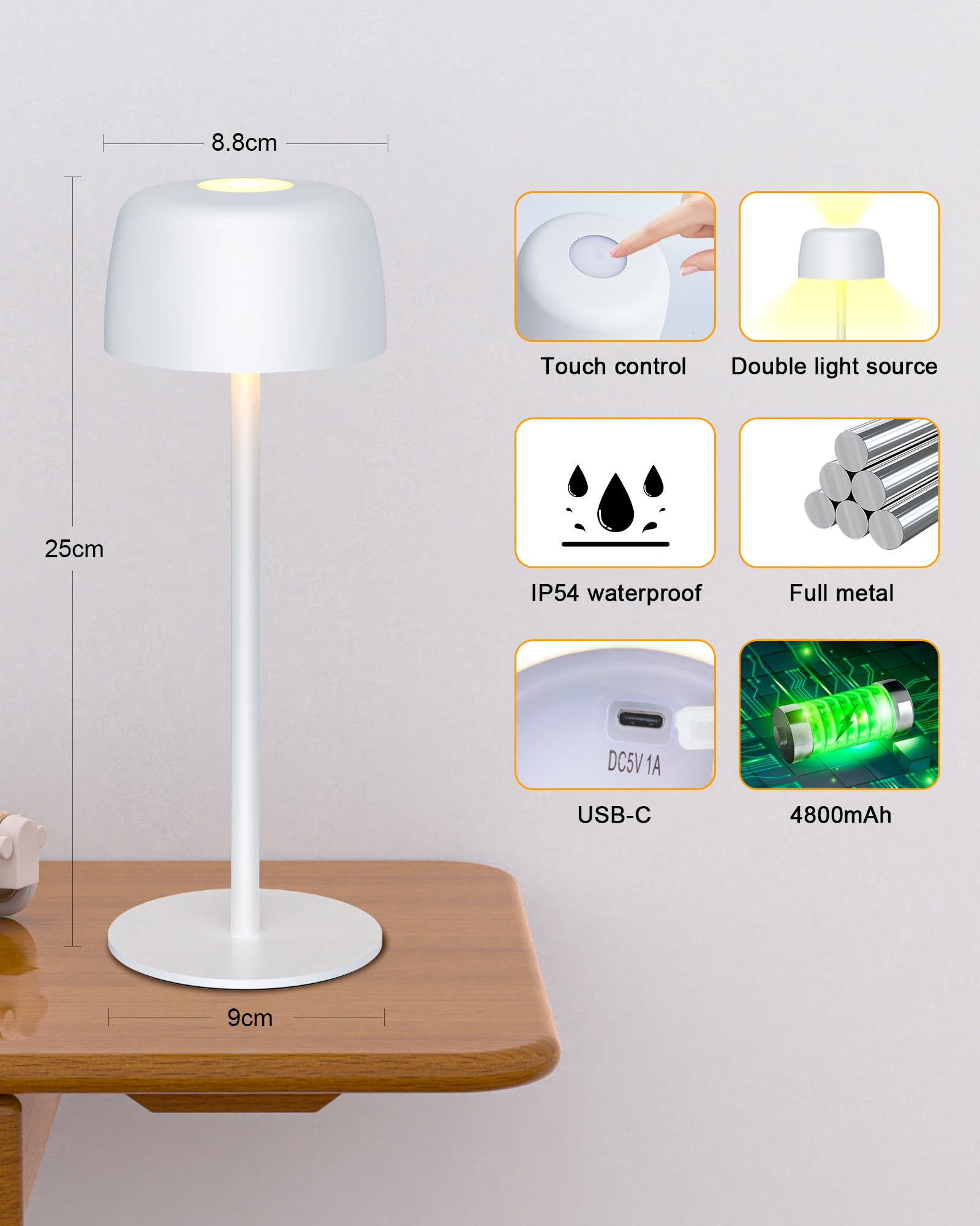 Lampada da Tavolo Senza Fili Metallo, H:25cm Lampada da Comodino Ricaricabile USB-C, 3 Temperature Colore, Lampada da Scrivania IP54 Impermeabile per Ristorante, Camera da Letto, Bar