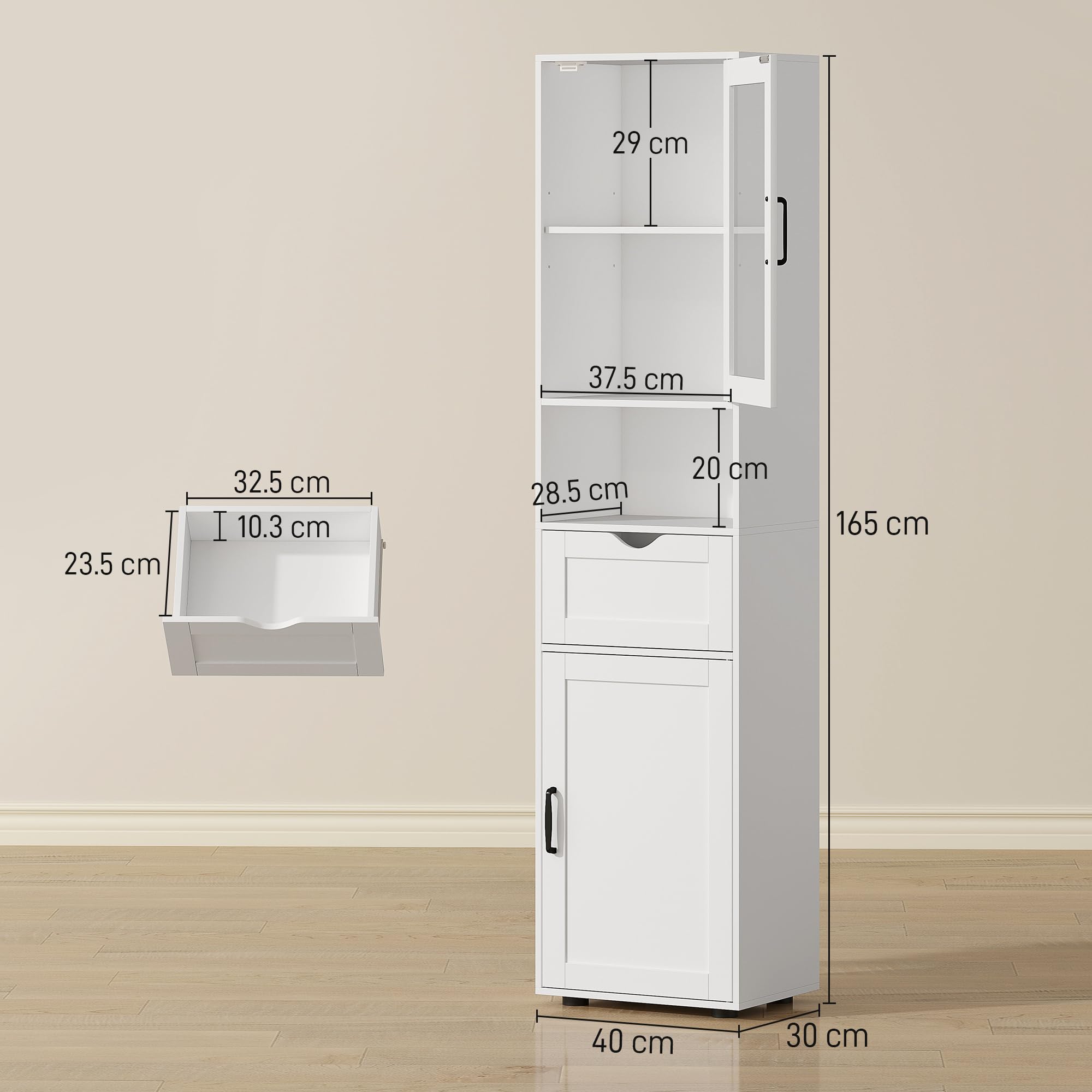 HOMCOM Mobile Bagno Alto Slim con Armadietti a Anta in Vetro, Mobiletto Bagno Salvaspazio con Ripiano Aperto, Cassetto, Ripiani Regolabili, Mobile Colonna Moderno, 40x30x165 cm, Bianco