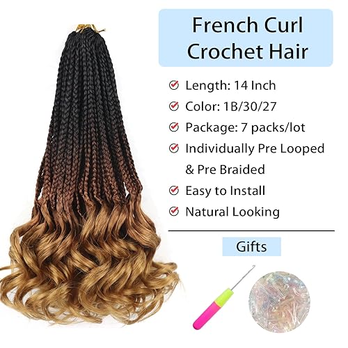 Miniatura 2 de Cabello de ganchillo con rizos franceses, trenzas de cabello de ganchillo con puntas rizadas, 14 pulgadas, preenlazadas, trenzas de caja tipo diosa,