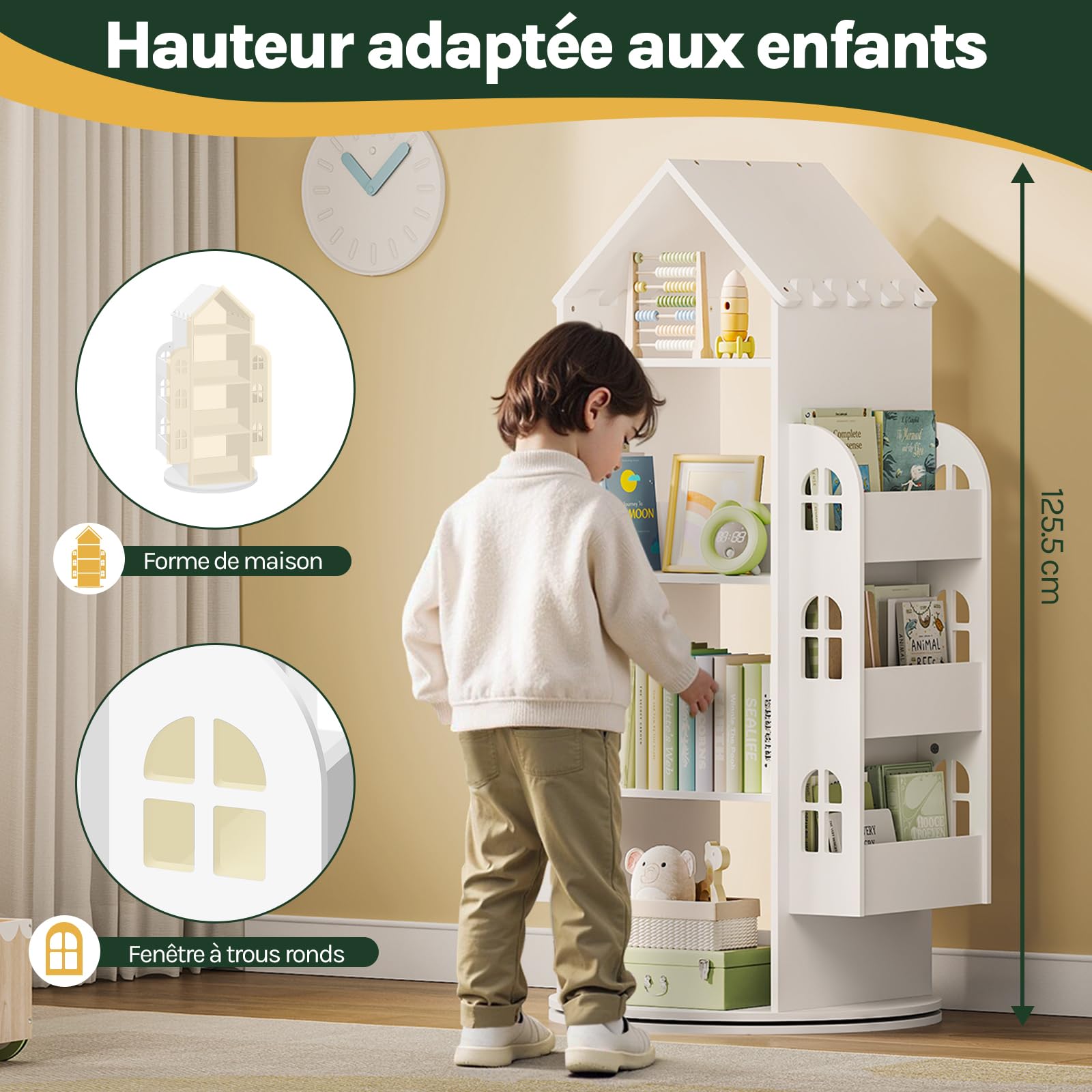 WOLTU Bibliothèque pour Enfants, Étagère Rotative à 4 Niveaux, Meuble de Rangement pour Jouets avec 13 Compartiments, Bibliothèque Blanche en Forme de Maison, 63x59x125cm
