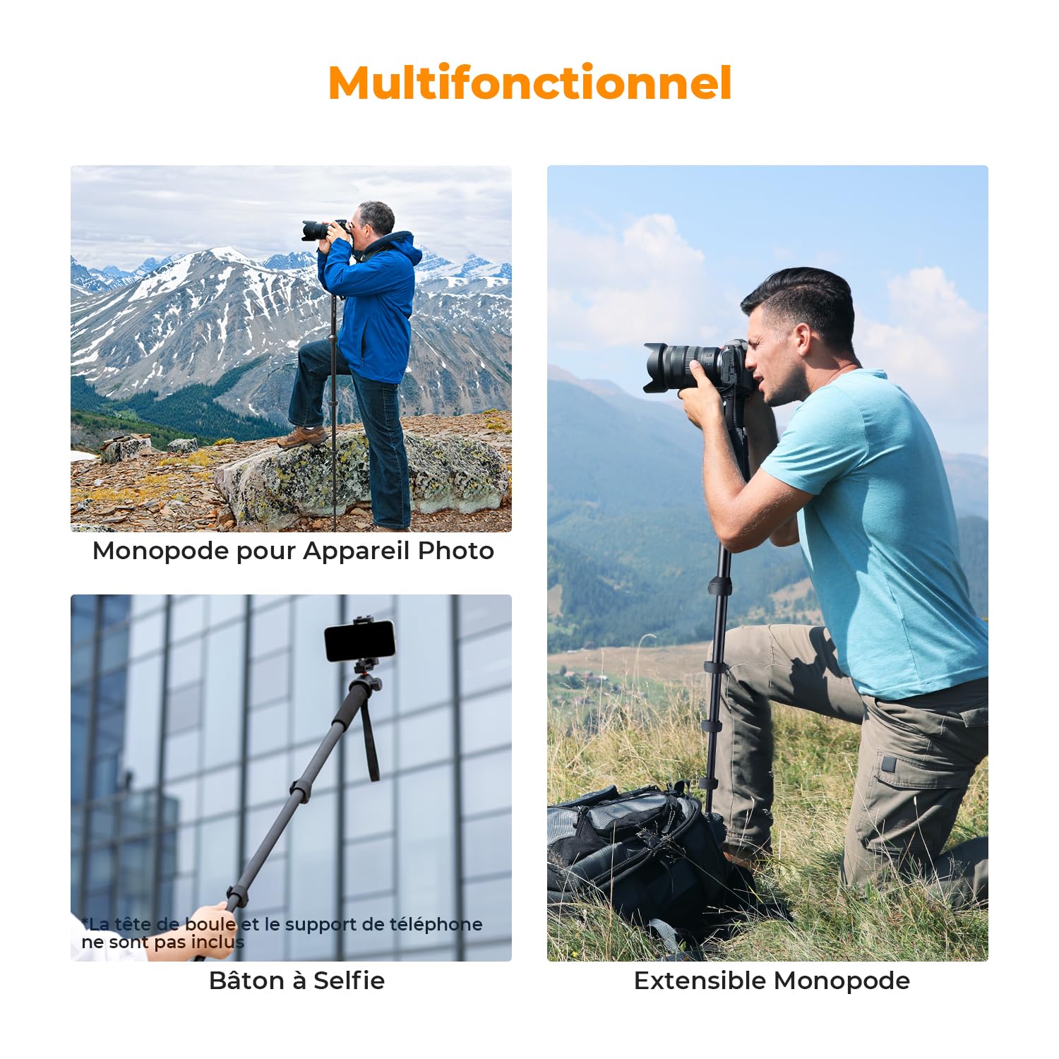 K&F Concept Monopode 160cm, Trépied de Voyage Multifonctionnel Amovible pour Gopro DSLR avec Cordon Anti-Perte, Extensible Appareil Photo, Charge Max 5kg, Poids 0,33kg - MS16