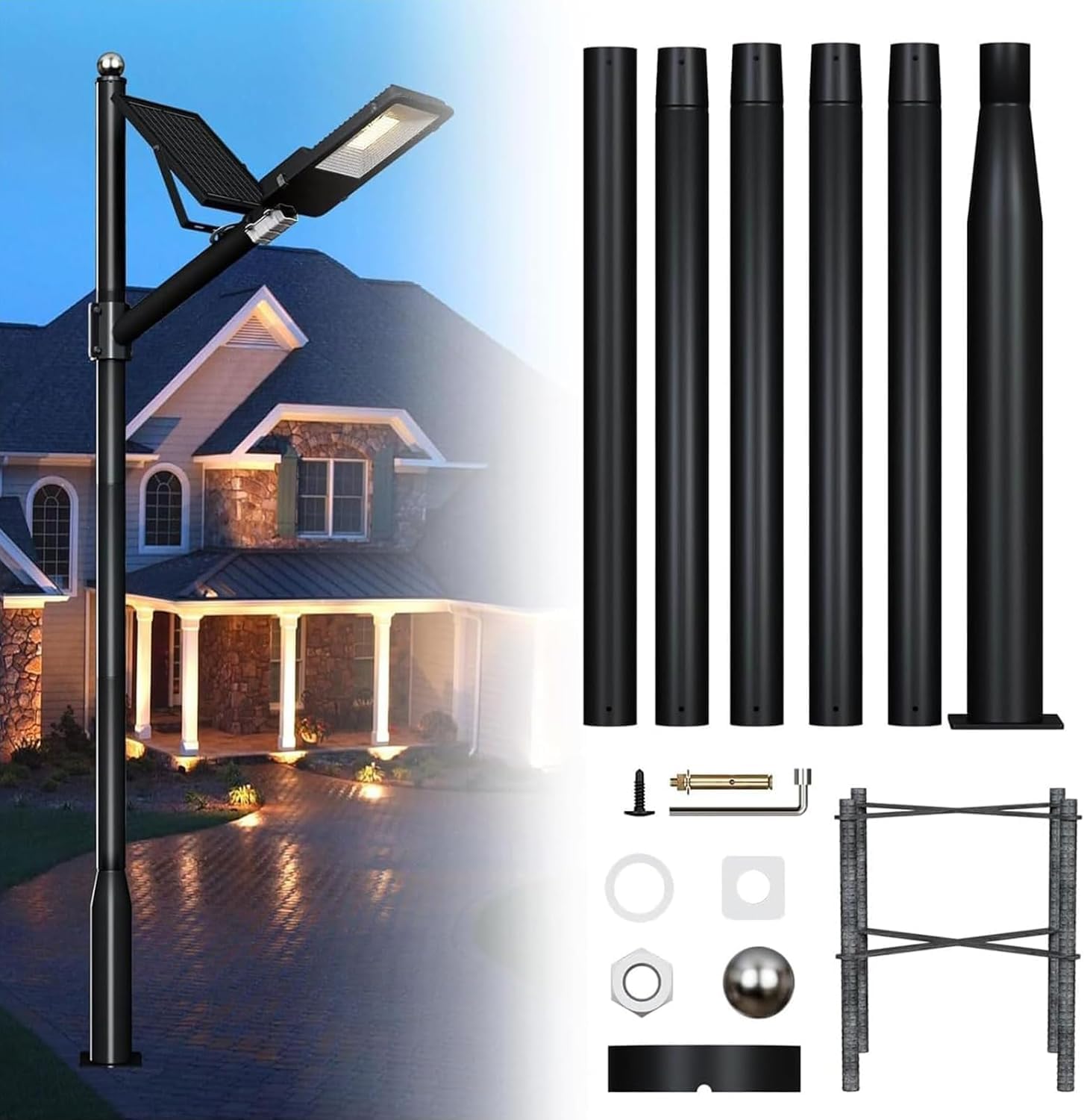 20 Ft Tall Street Light Pole, Adjustable Metal Street Llight Fixture, Outdoor Solar Split Street Lamp Post Light Pole with Mounting Steel Anchors for Outdoor Lights, Parking Lot, Walkway