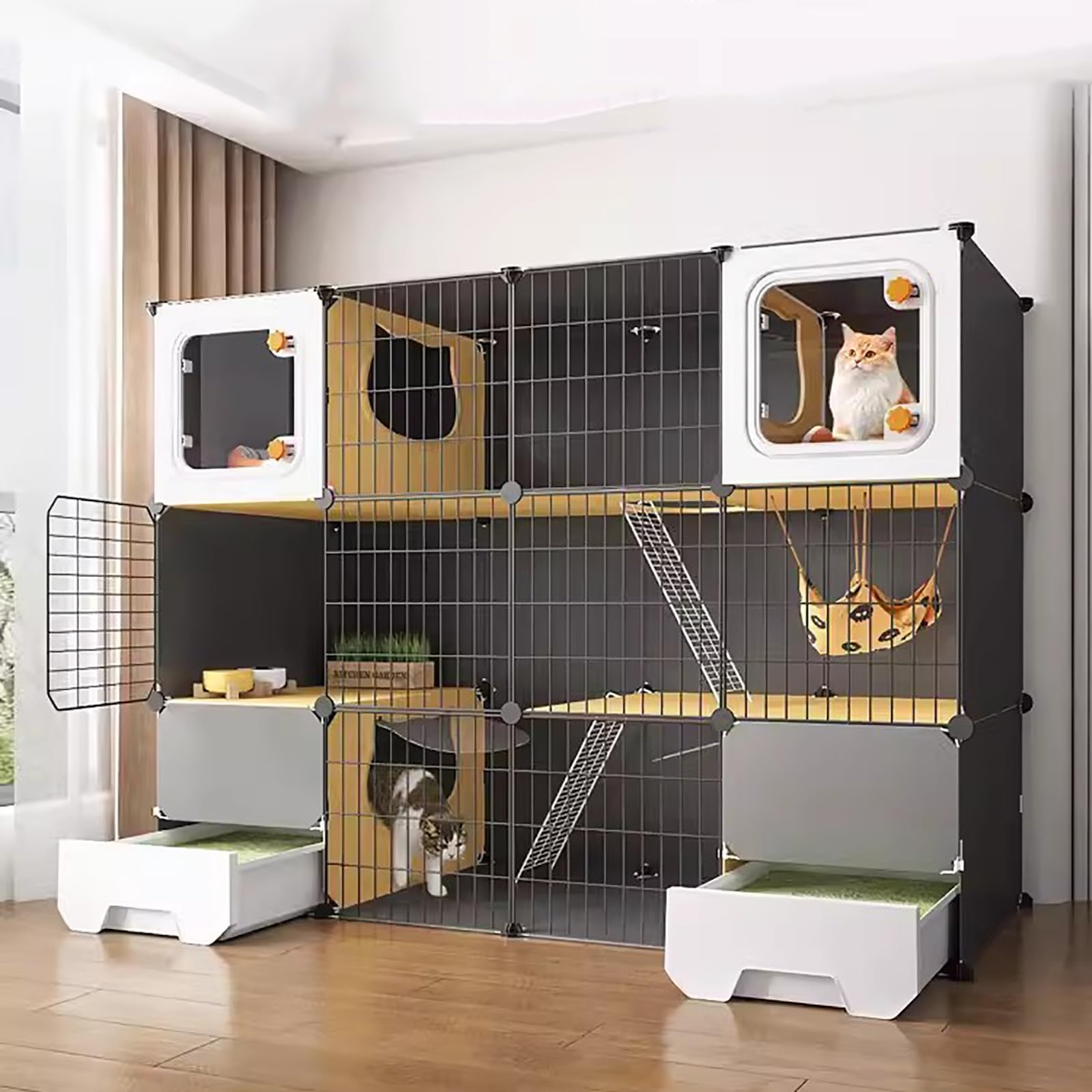 Jaula Grande para Gatos, Jaula para Gatos de 3 Niveles para Interiores con 2 Cajas de Arena, Recinto para Gatos, Perrera para Gatos de Interior, Villa para Gatos, para 2-4 Gatos