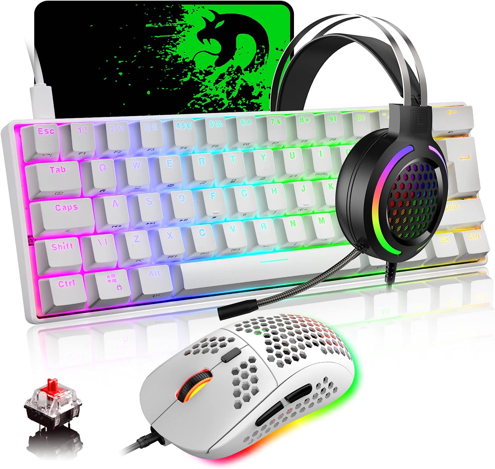 60% Mechanical Gaming Keyboard Mouse and Headset Combo with Rainbow Backlit Anti-ghosting 61 Key Adjustable Microphone 6400DPI Honeycomb Mice USB Wired for PC Mac Gamer Typist(White RGB/Red Switch)