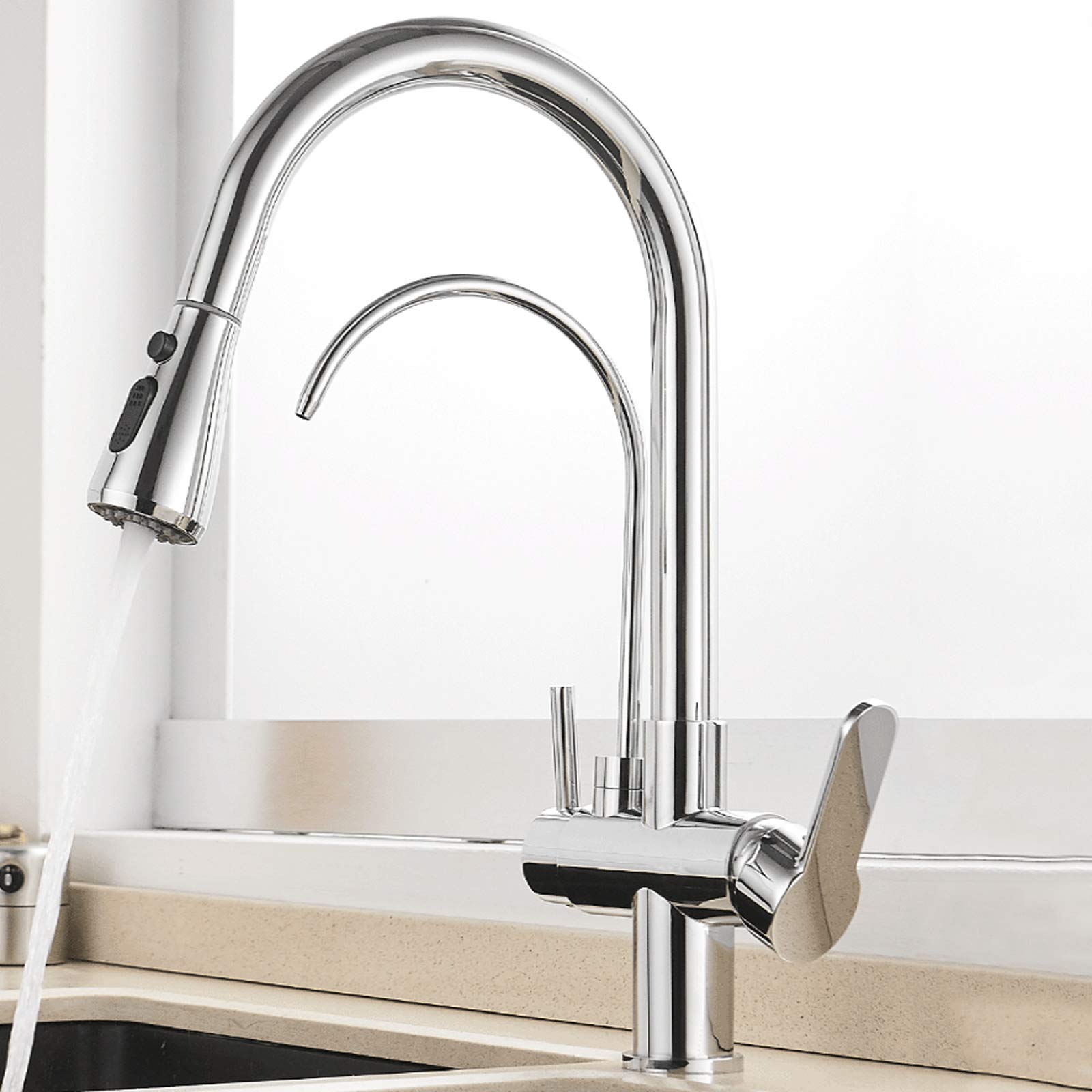 Grifo de cocina de 3 vías, grifo de agua potable, grifo de cocina caliente y fría