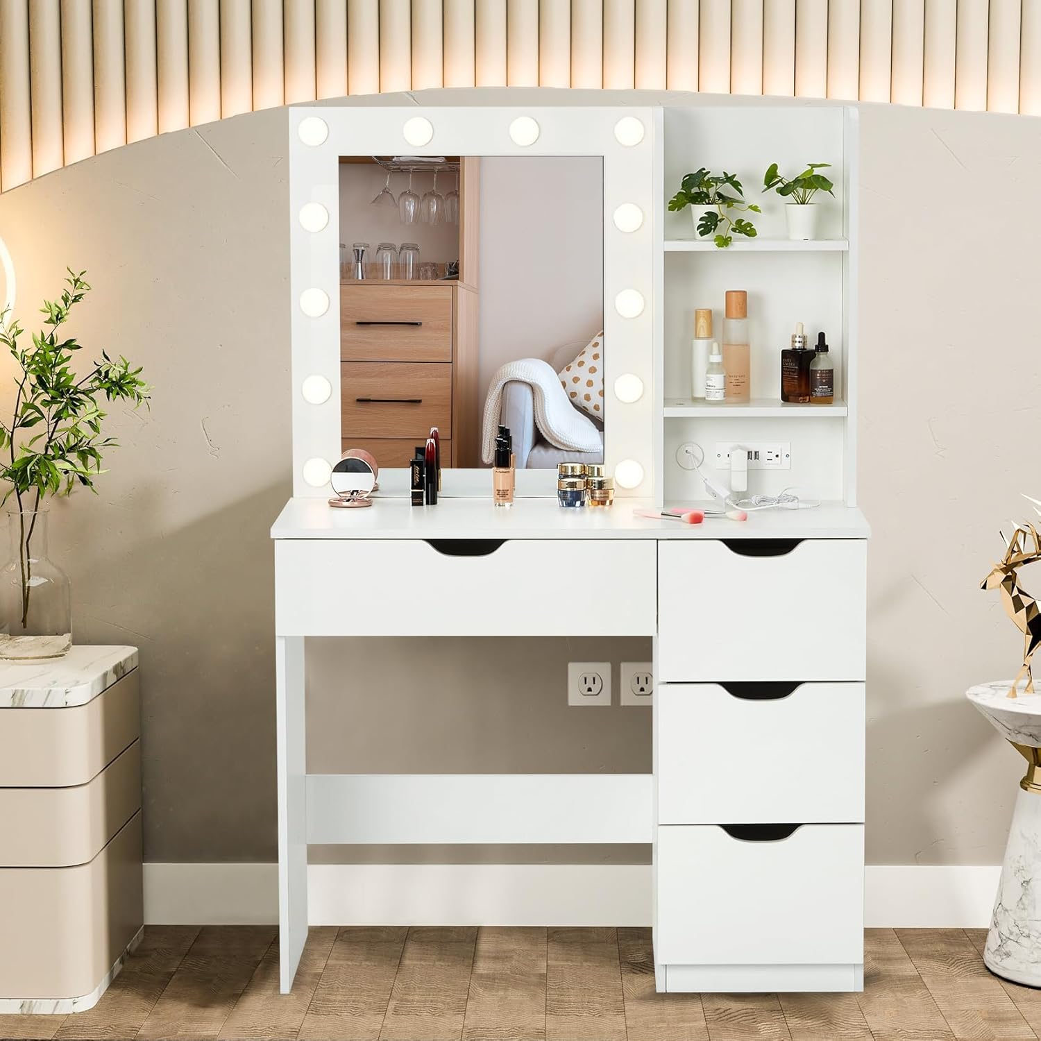 Vanity Desk with Mirror & Light, Makeup Table with Drawers and Power Outlet, 3 Lighting Modes, Bedroom Dressing Table, White