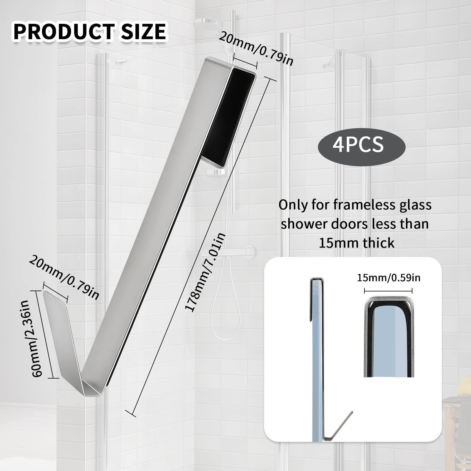 Ganchos de Ducha 4 Piezas en Acero Inoxidable - Porta Toallas para Vidrio sin Perforar, Antideslizante y Resistente, Fácil de Colgar para Baño, Ducha y Cocina para Vidrio hasta 13mm de Espesor