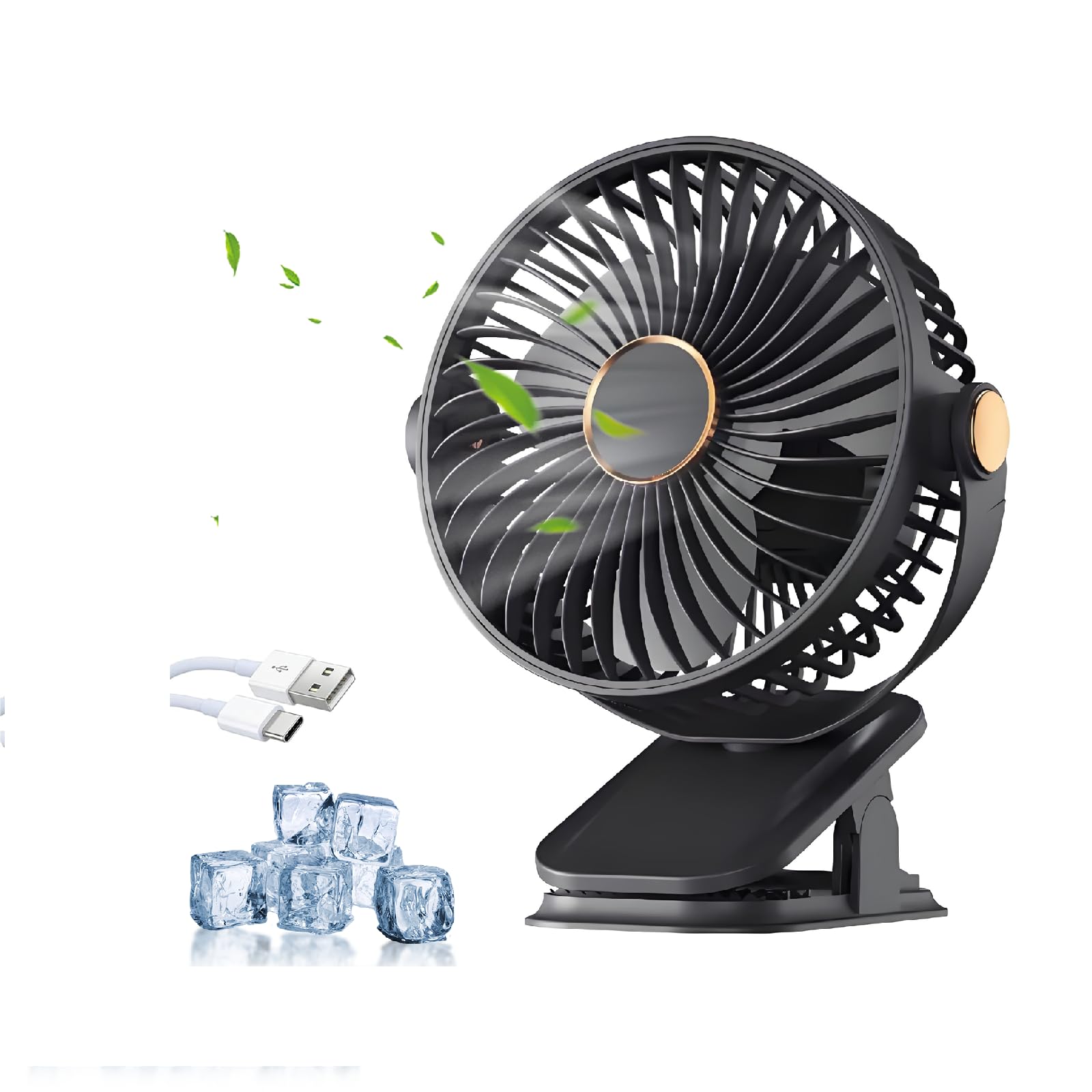 Doppelkopf Clip Ventilator, 360° drehbarer USB Klemmventilator mit 5 Geschwindigkeiten Leise, Akku Tischventilator Klein mit Nachtlicht, Ventilator zum Klemmen für Tisch/Kinderwagen/Büro (B - Schwarz)