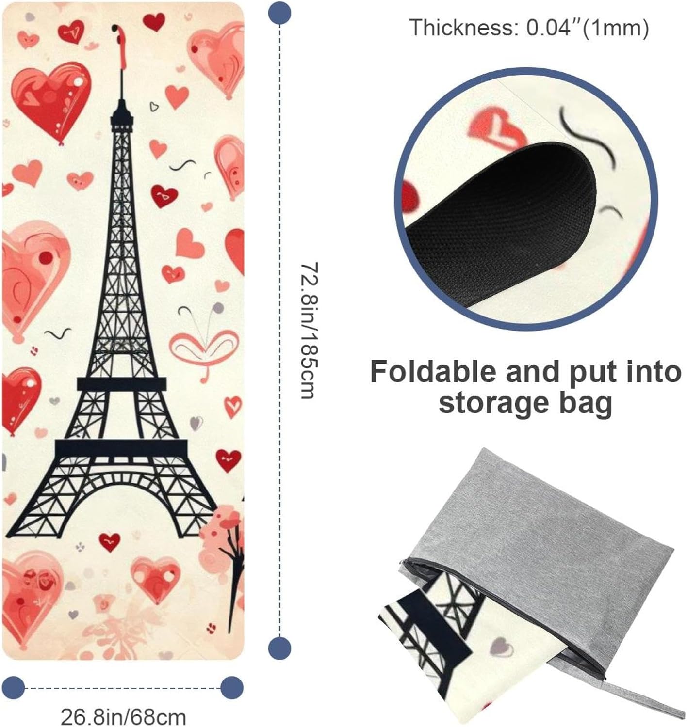 Yoga Towel, Eiffel Tower Valentine's Day Pattern Non Slip Sweat Absorbent Hot Yoga Mat Towel for Hot Yoga, Pilates and Fitness - 72.8" x 26.8"