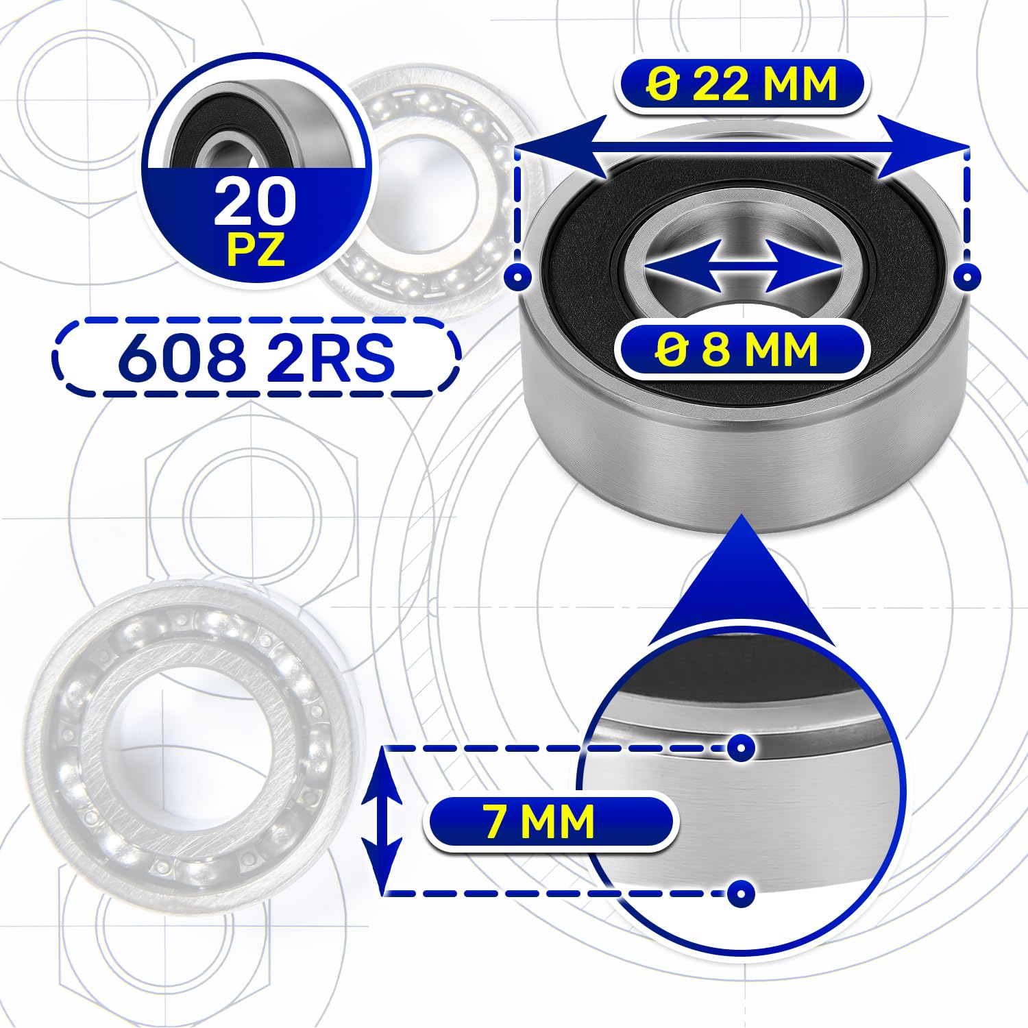 20 Pezzi Cuscinetti a Sfera 608 2RS per il Motore con Dimensione 8x22x7 mm - MONTERAL