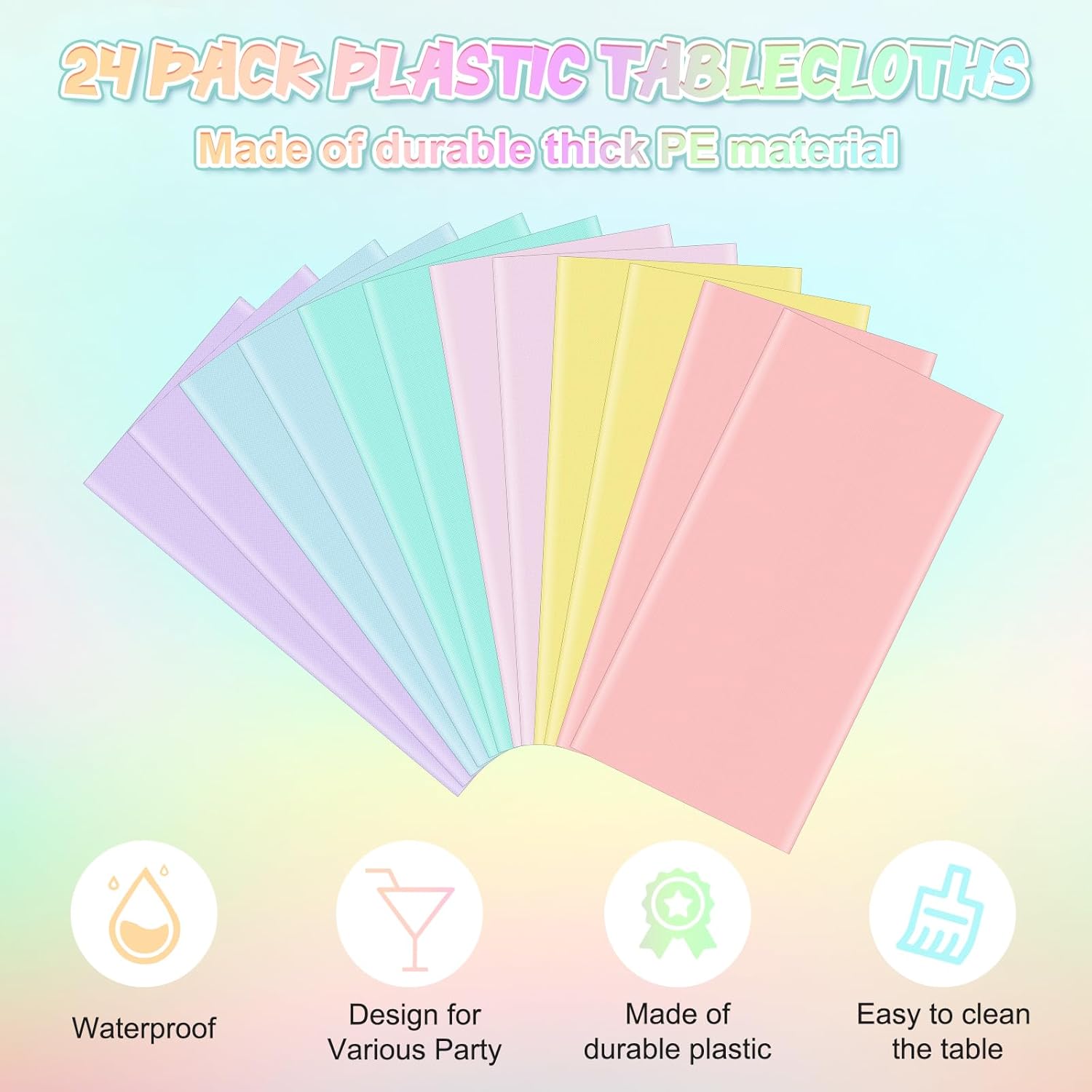 24Pcs 84 Inch Round Pastel Tablecloths, Rainbow Mix Color Plastic Tablecloth Disposable Round Table Covers for Baby Shower,Bridal,Wedding, Easter,Birthday and Ice Cream Party Decoration