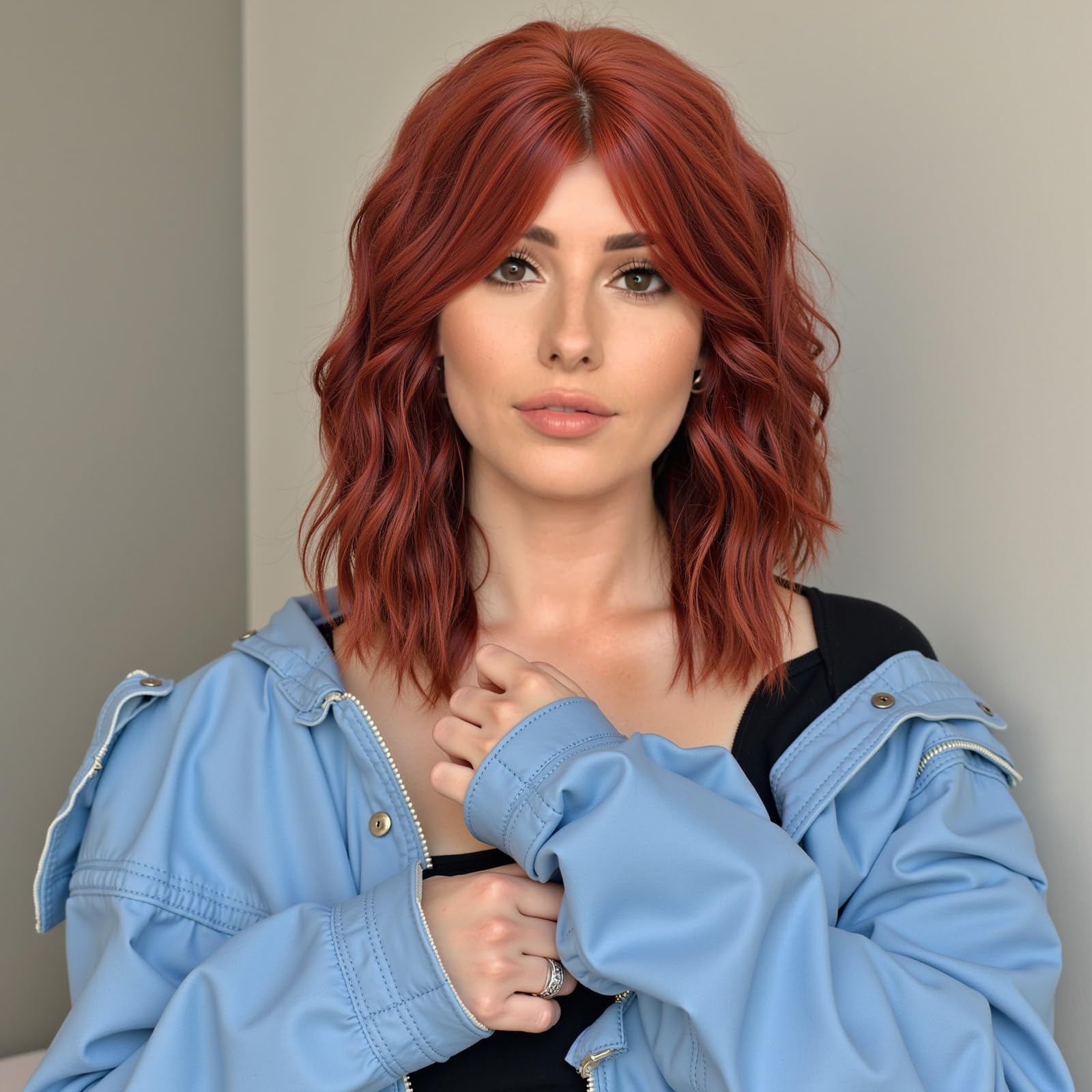 Bob Curly Wig with Fringe, Short Synthetic Wavy Wigs for Women Copper Color