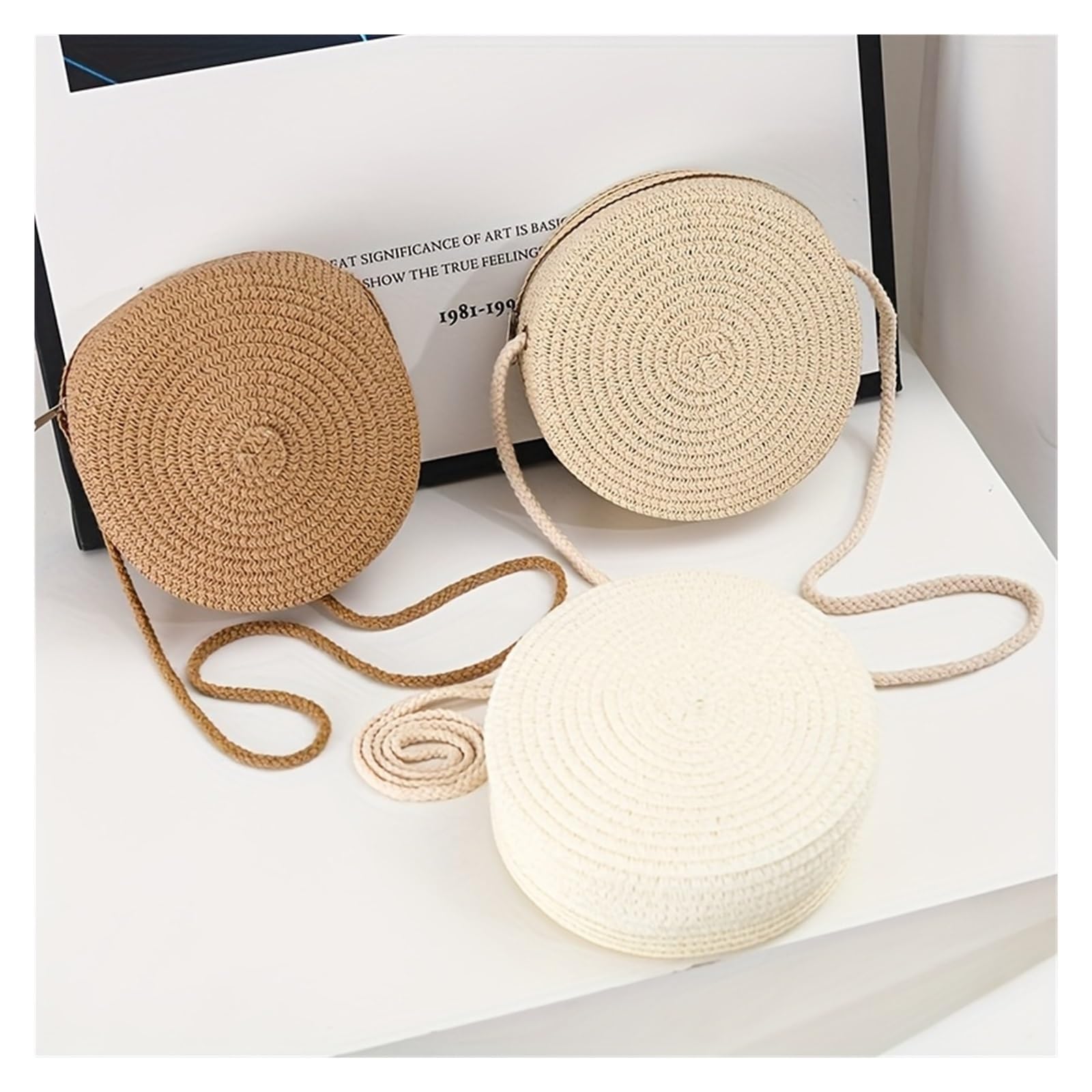 Borsa rotonda intrecciata in paglia 3 colori disponibili Tessuto rotondo da donna tessuto a mano