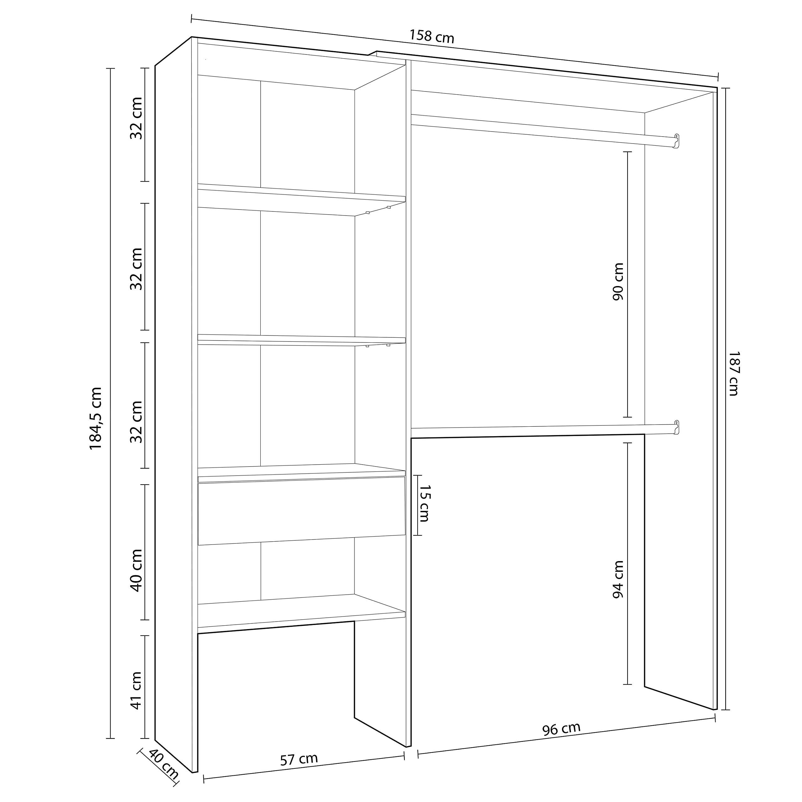 duehome | Armario Vestidor, Armario 2 Barras, 4 Baldas y 1 Cajón, Vestidor Reversible, Modelo Aura, Acabado en Blanco Artik y Roble, Medidas: 158 cm (Ancho) x 187 cm (Alto) x 40 cm (Fondo)