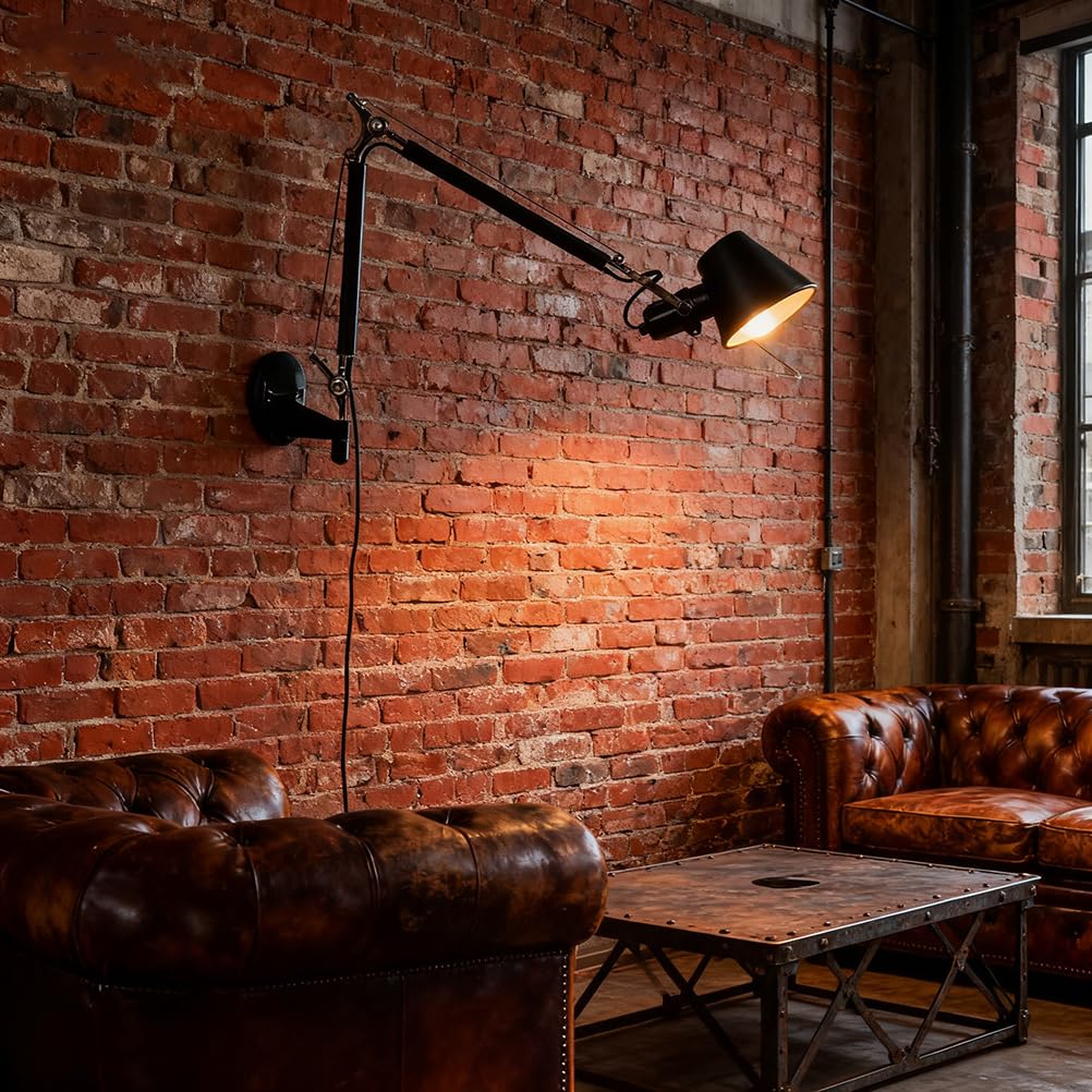 AoLa Wandleuchte Verstellbar Vintage Schwenkbar Wandlampe mit Schalter und Stecker Innen E27 Lange Arm Wand Leselampe Drehbar Schwarz Nachttischlampe mit 1.5M Kabel, für Schlafzimmer Wohnzimmer,36CM
