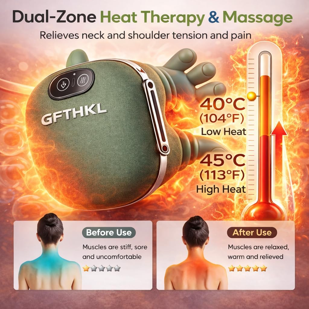 Neck Massager with Fingers, Shiatsu Deep Tissue Relief with Heat, Ergonomic 4D Shiatsu Massager with Adjustment 3-Speed Massage Modes for Pain Relief and Muscle Relax (Green)