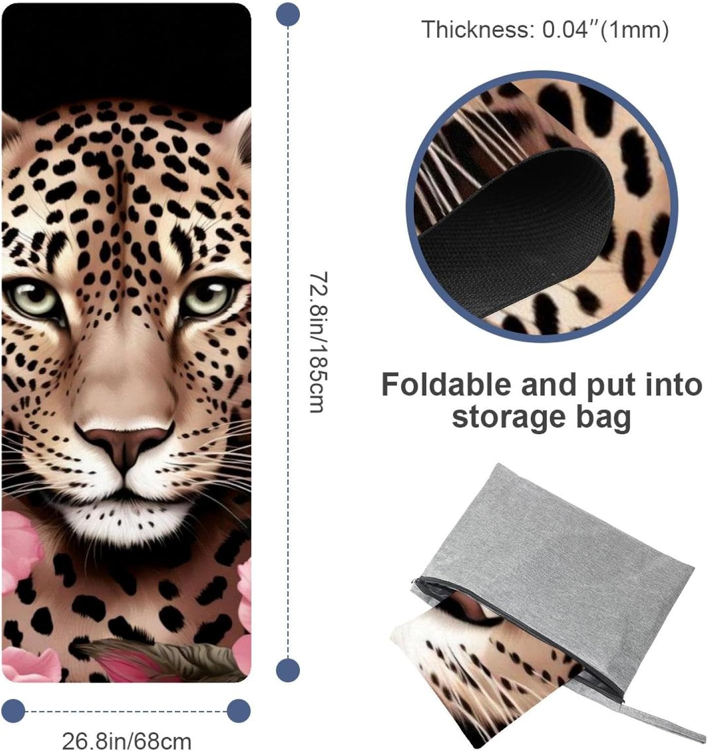 Yoga Towel, Leopard Rose Flower Non Slip Sweat Absorbent Hot Yoga Mat Towel for Hot Yoga, Pilates and Fitness - 72.8" x 26.8"