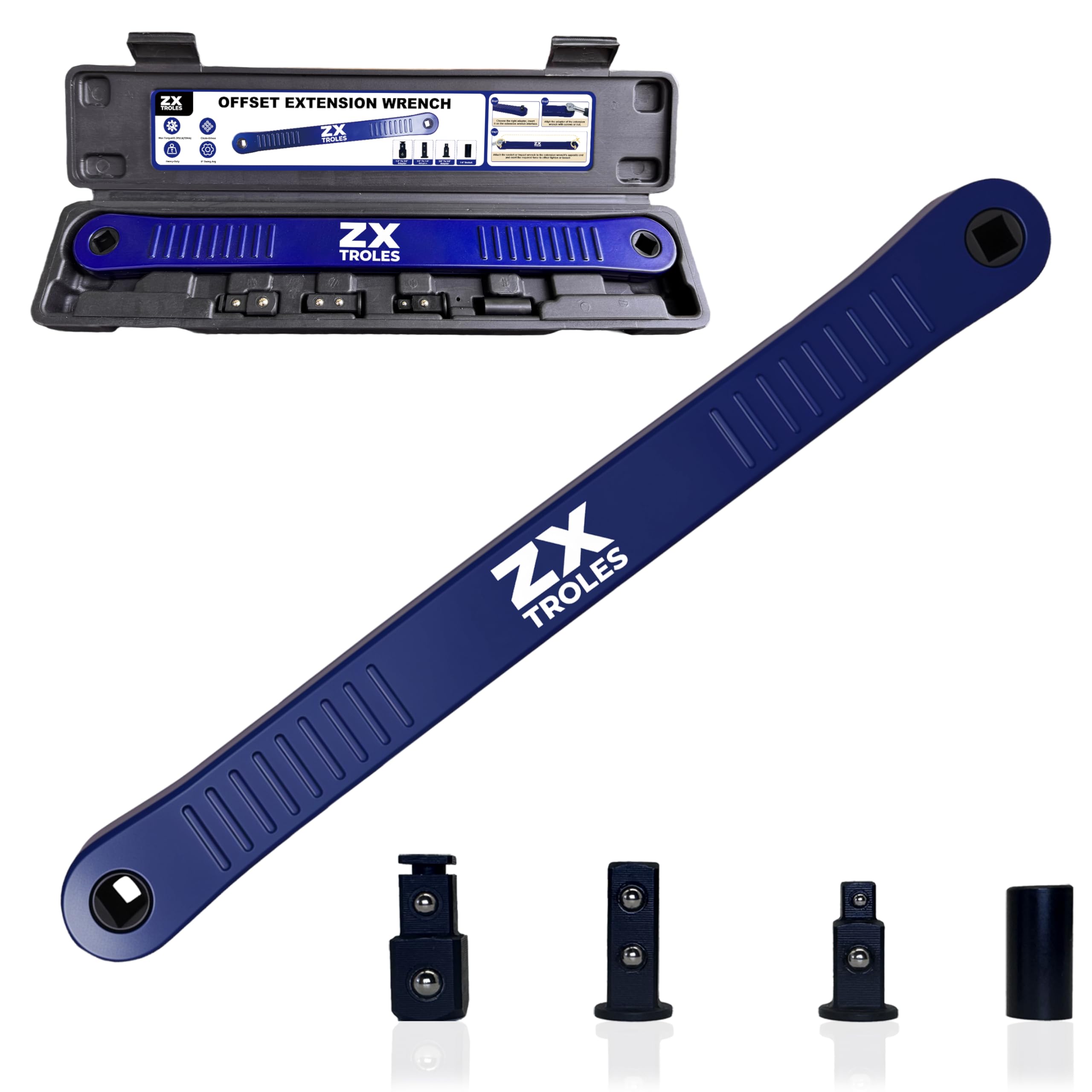 ZX TROLES 1/2" Offset Extension Wrench Impact Ready Socket Wrench Extender Tool Universal Extensions Wrench for Small Place, with Versatile 1/4", 3/8", and 1/2" Square Drive Adapters, Blue