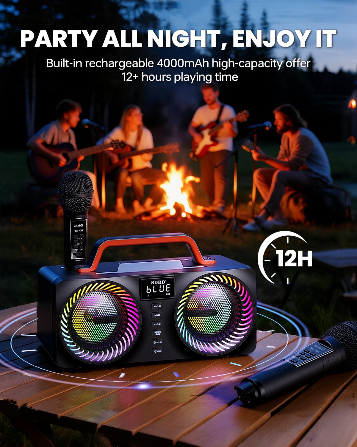 Máquina de Karaoke SORDA Para Adultos y Niños, Altavoz Bluetooth Portátil de 80 W, 2 Micrófonos Inalámbricos, Ajuste de Eco, Compatible con USB/AUX, Ideal Para Reuniones, Fiestas y Regalos