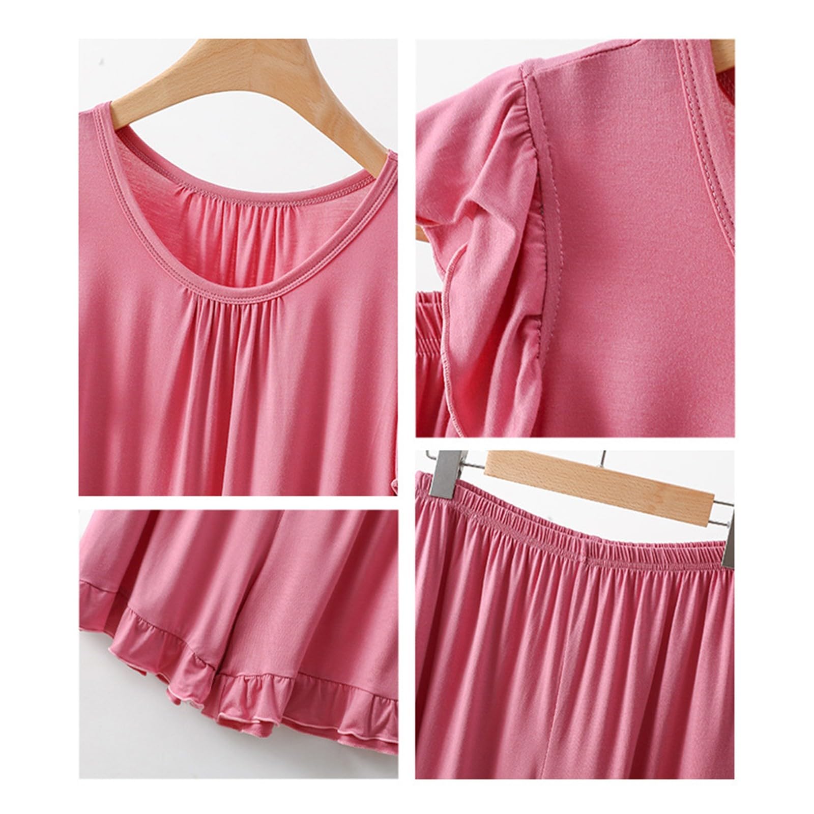 Genérico Conjunto de Pijama de algodón para Mujer, Top Cuello Redondo con Mangas de Volantes y Shorts con Cintura elástica (Verde X)