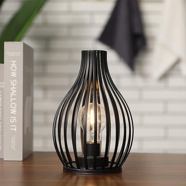 JHY DESIGN Table Lamp Battery Powered, 24cm High Modern Nordic Vase Shaped Wireless Lamp LED Nightlight Battery Lamp with 6-Hour Timer for Bedroom Indoor Wedding Party Living Room(Black)