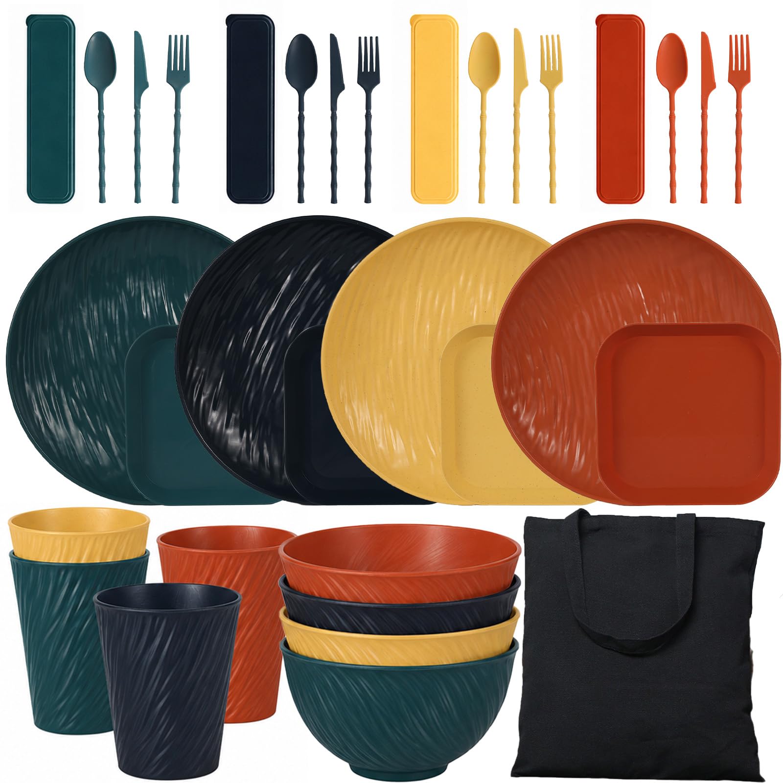 YESAH Dinner Set for 4,Camping Tableware with Plates Bowls Cups Cutlery