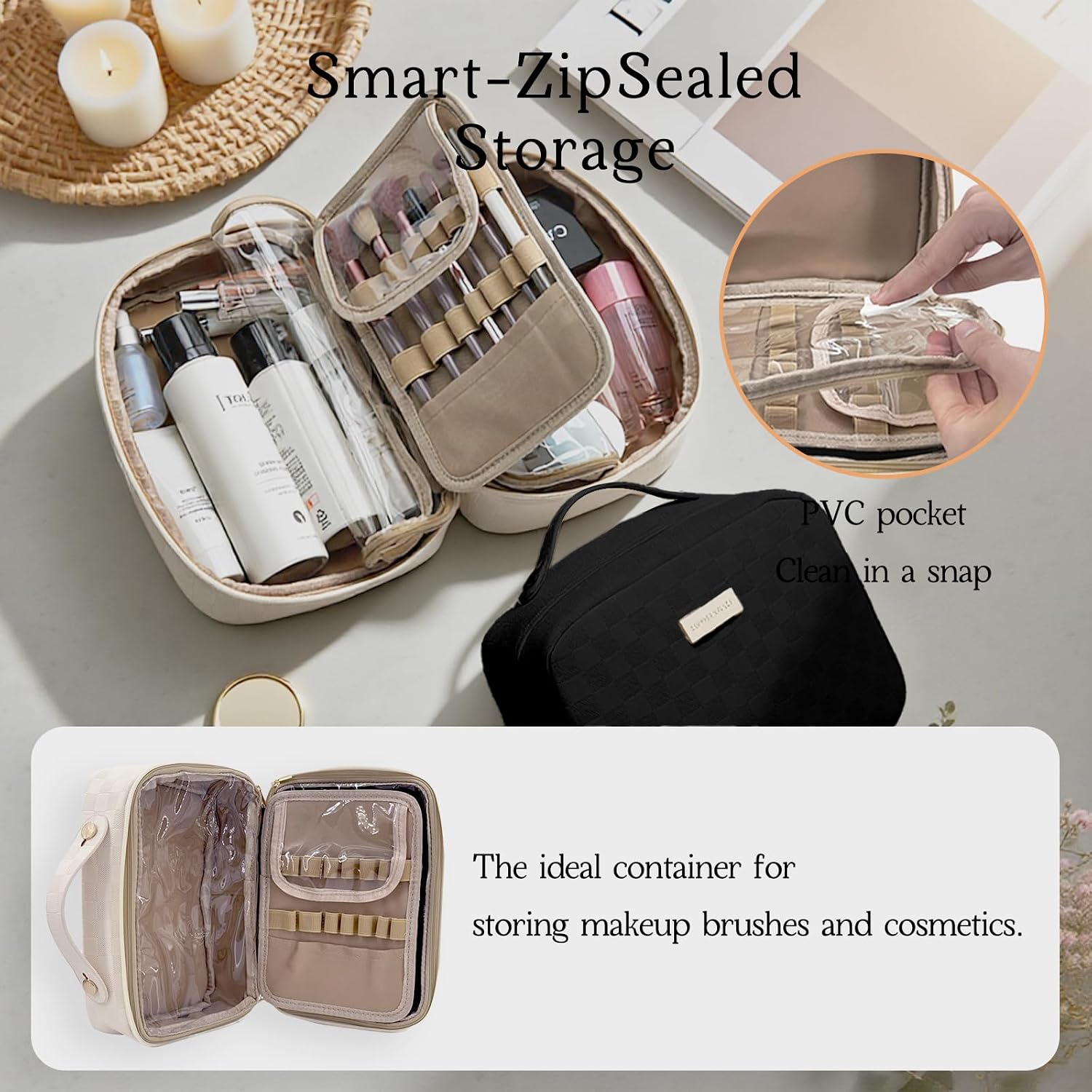 YDR Large Travel Makeup Case for Women, Structured Cosmetic Organizer with Professional Brush Compartment, Water-Resistant PU Leather Vanity Bag for Skincare & Toiletries, Checkerboard