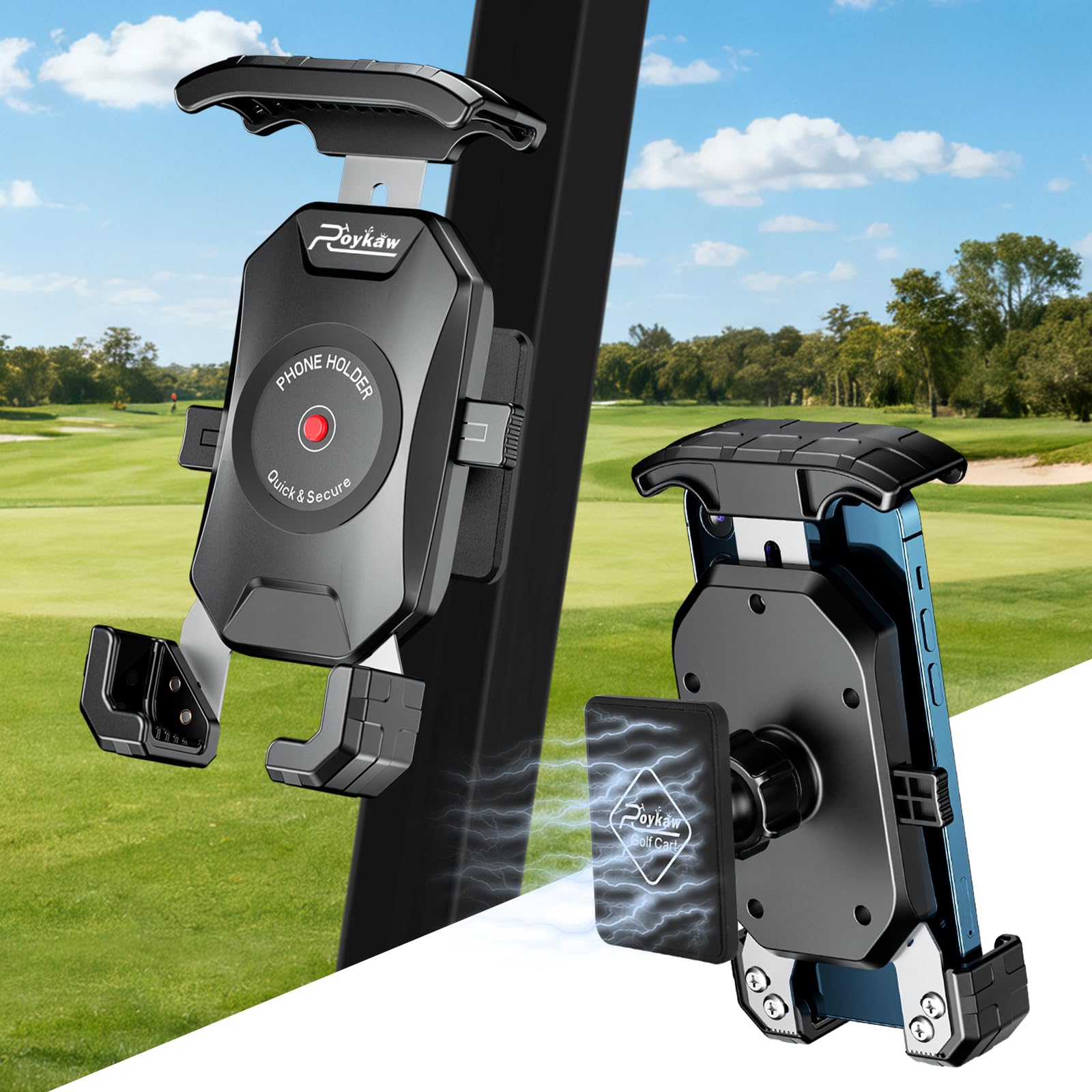Roykaw Golf Cart Magnetic Phone Holder Mount for EZGO/Club Car/Yamaha, Compatible with iPhone/Galaxy/Google Pixel, Ultra Strength Magnet/360° Rotatable/One-Handed Pick & Place