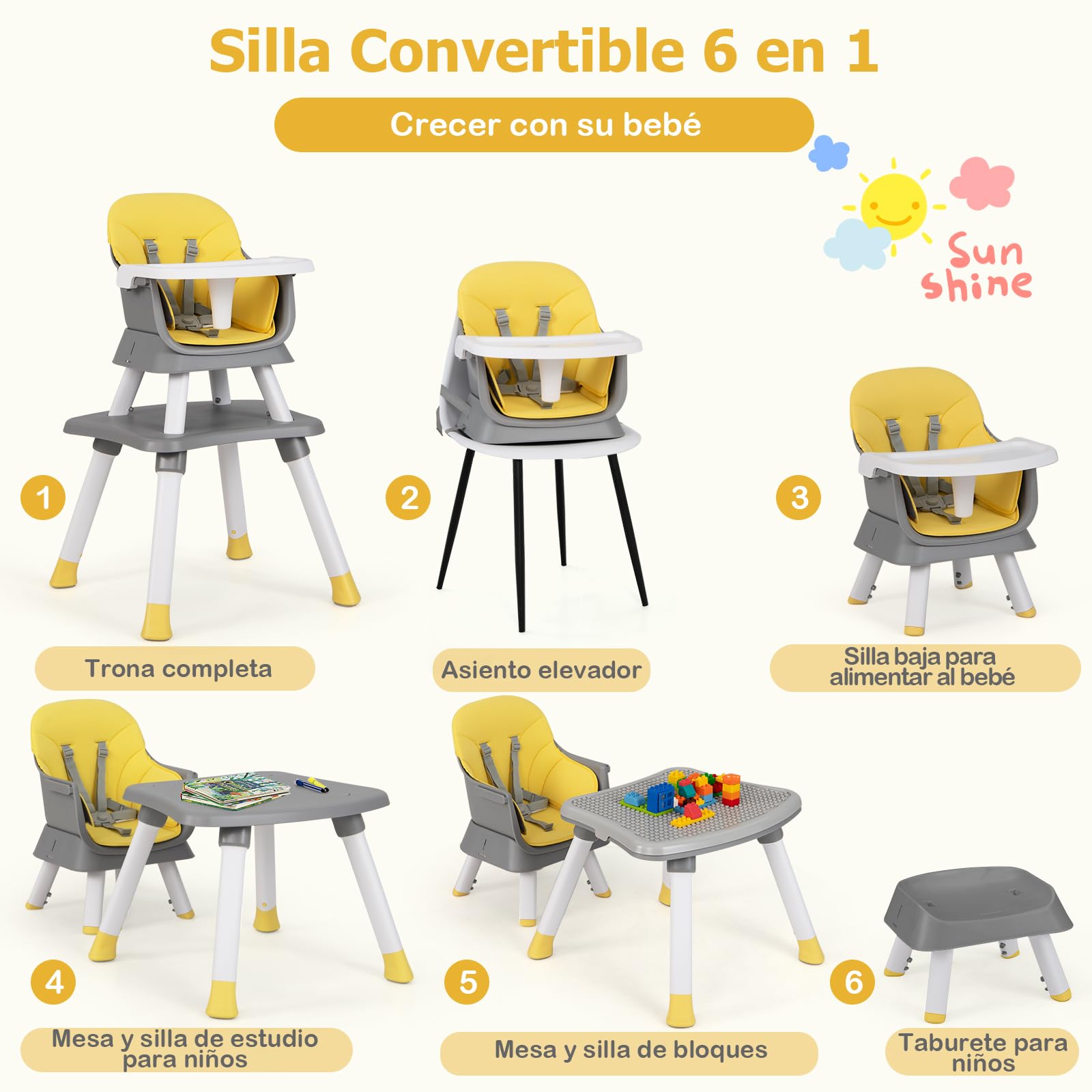COSTWAY Silla Alta Bebés, Trona Evolutiva Portátil, Silla de Alimentación 5 Puntos, Bandeja y Cojín Desmontables (Amarillo)