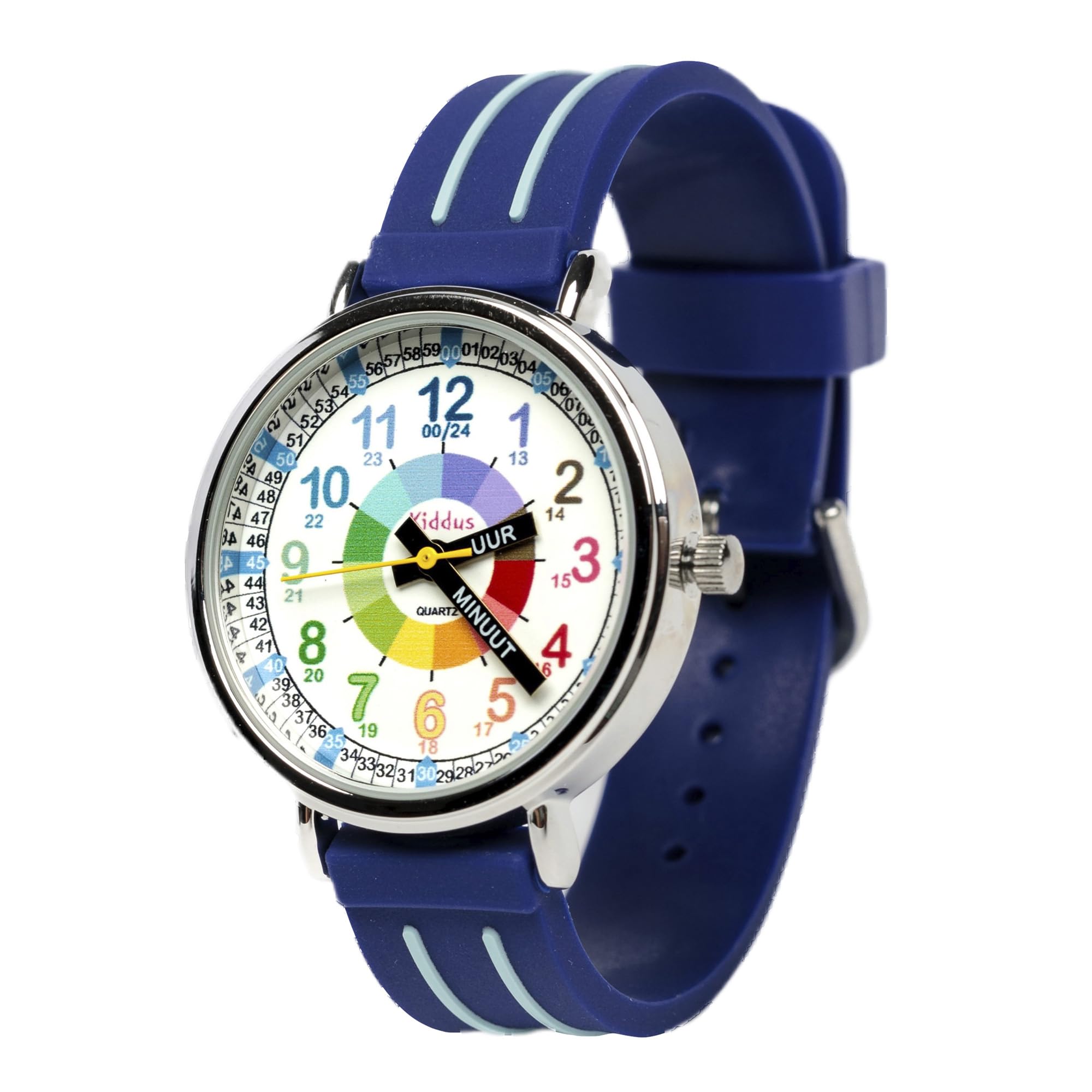 Kiddus Orologio Educativo per Bambini, Ragazze. Da Polso, Analogico. Con Esercizi per Imparare a Leggere l’Ora. Facilità di Lettura. Movimento al Quarzo Giapponese. Olandese Blu