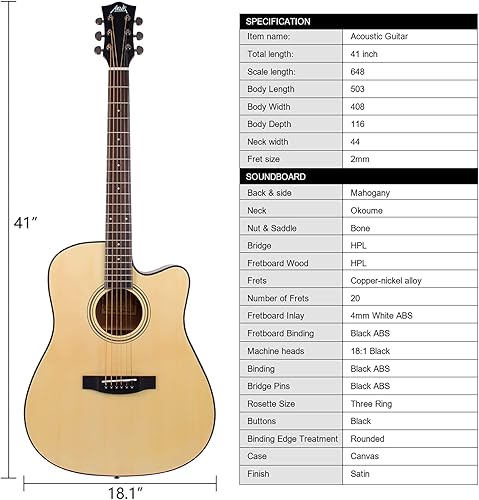 Miniatura 4 de AKLOT Guitarra acústica para principiantes, tamaño completo, 44, guitarras populares, kit de iniciación de guitarra acústica (madera de pruce con