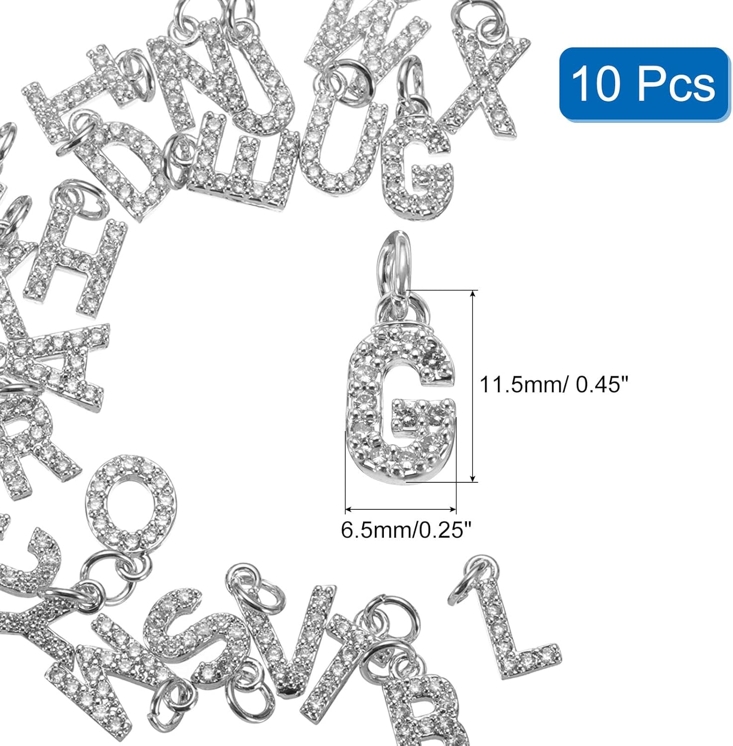 uxcell Rhinestone Letter Charm, 10pcs Crystal Zirconia Copper Alphabet g Pendants Slider Letter Charm for Wristbands Bracelets Necklace Jewelry Earring DIY Craft, Silver - Image 2