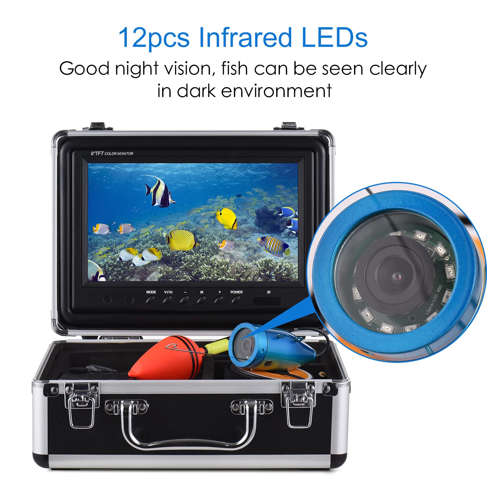 Fotocamera per la pesca sott'acqua, 1200TVL, telecamera subacquea, con 12 LED IR da 7 pollici/9 pollici, display LCD da 15 m/30 m/50 m, cavo IP68, impermeabile, per pesca sul ghiaccio