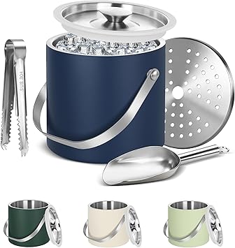 Ice Bucket, Ice Bucket with Silicone Sealing Ring Double-Wall Vacuum Insulation Champagne Buckets with Filter Layer Ice Tongs Ice Scoop Navy Blue, 3 L