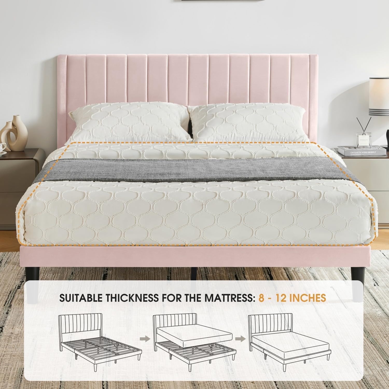 Full Bed Frame Upholstered Platform,Full Size Bed Frame with Velvet Headboard,Non-Slip and Noise-Free/Wooden Slats Support/No Box Spring Needed/Easy Assembly/Mattress Foundation (Pink, Full)