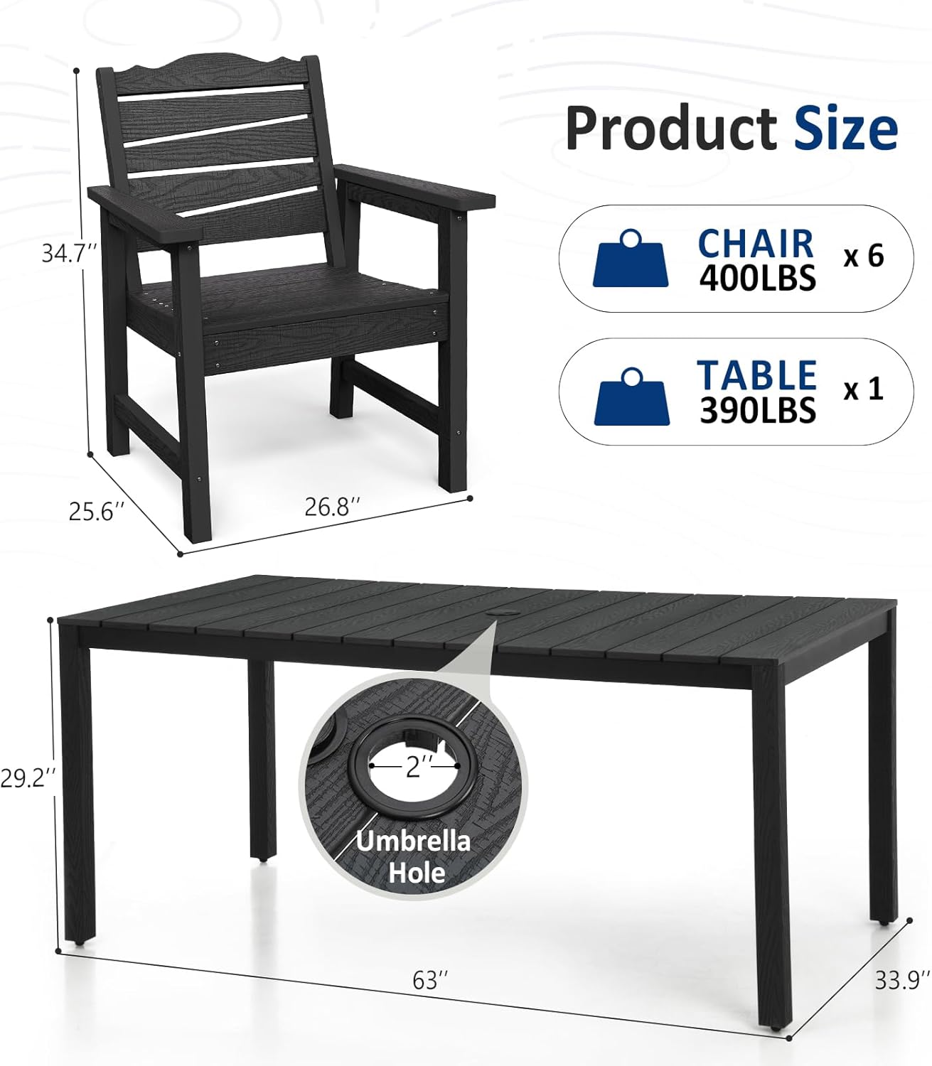7-Piece Patio Dining Set, 63" Outdoor Dining Rectangle Table w/Aluminum Frame and 6 Chairs, Weatherproof HIPS Dining Furniture with Umbrella Hole, for Backyard Garden Deck Poolside, Black