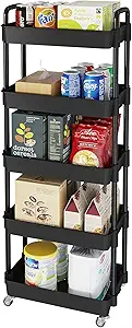 Laiensia Multifunction Utility Rolling Cart, 5-Tier Plastic & Metal Storage Organizer, Black, Lockable Wheels, Modern Style, Indoor Use