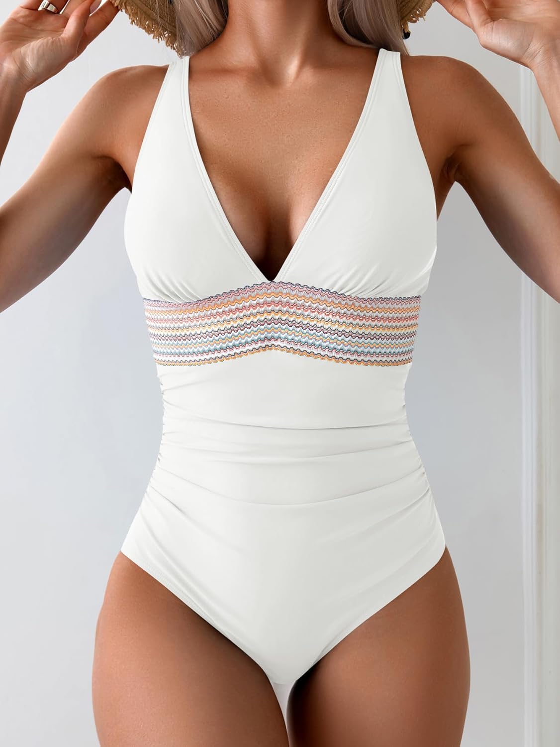 One Piece Swimsuit for Women Tummy Control V Neck Ruched Bathing Suit Swimwear