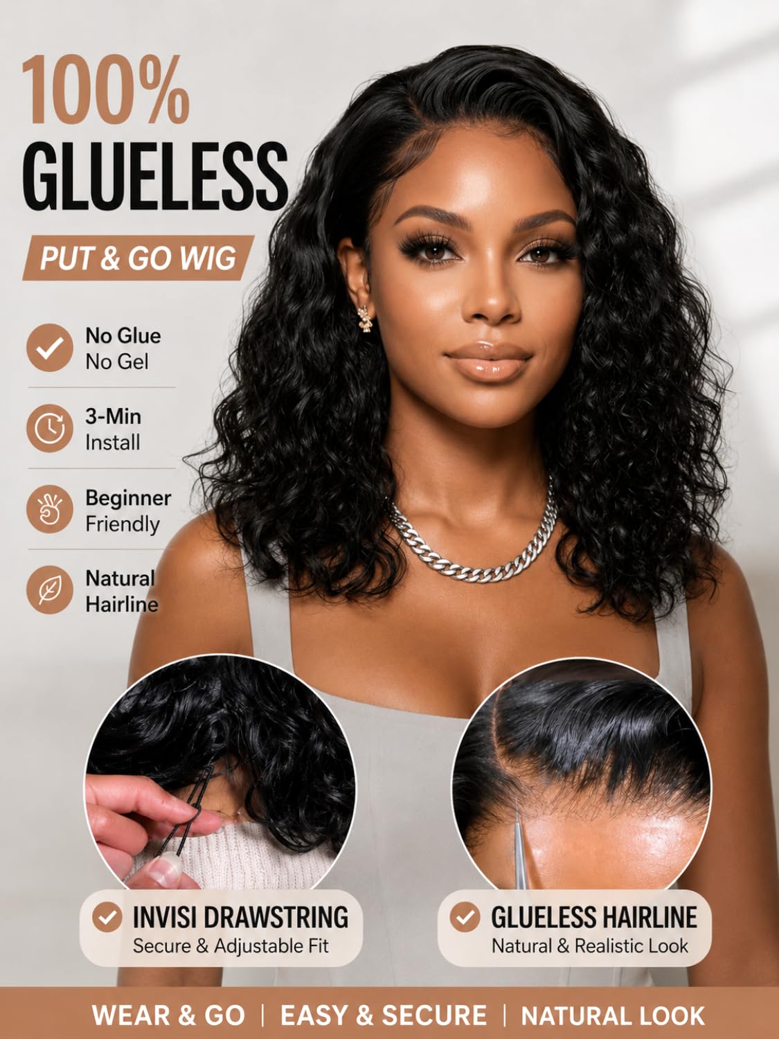 UNICE Side Part Water Wave Bob Wig Human Hair 250% Density with Drawstring, 6x4 Glueless Lace Wig Pre Plucked Pre Cut, Ready to Wear Short Curly Wig Bleached Knots, Beginner Friendly, 10 Inch