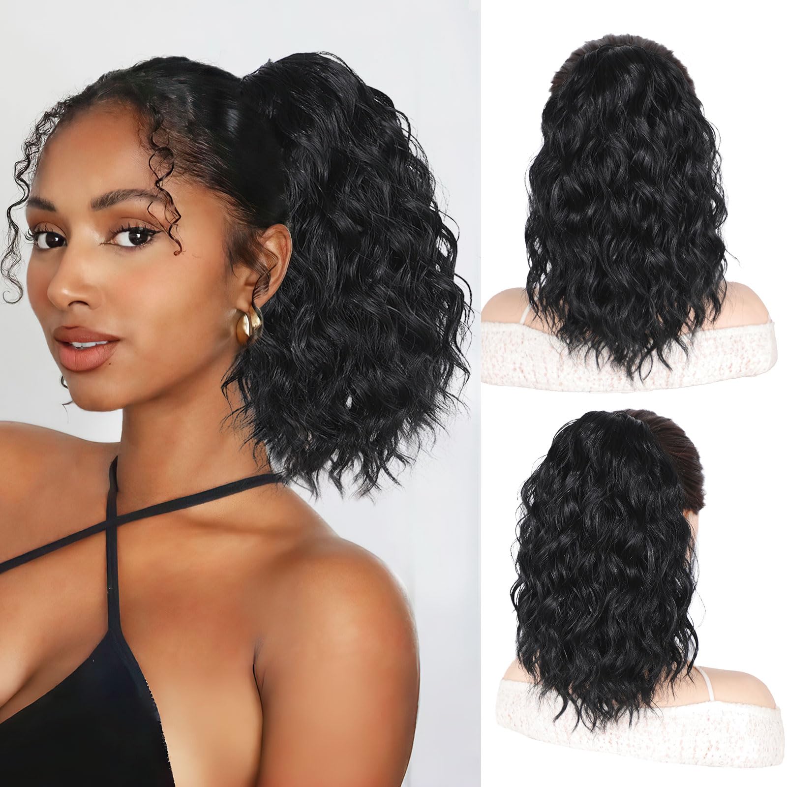 QGZ Black Ponytail Extension 14 Inch Drawstring Ponytail for Women Synthetic Short Curly Wavy Fluffy Clip in Ponytail Hair Extensions for Daily