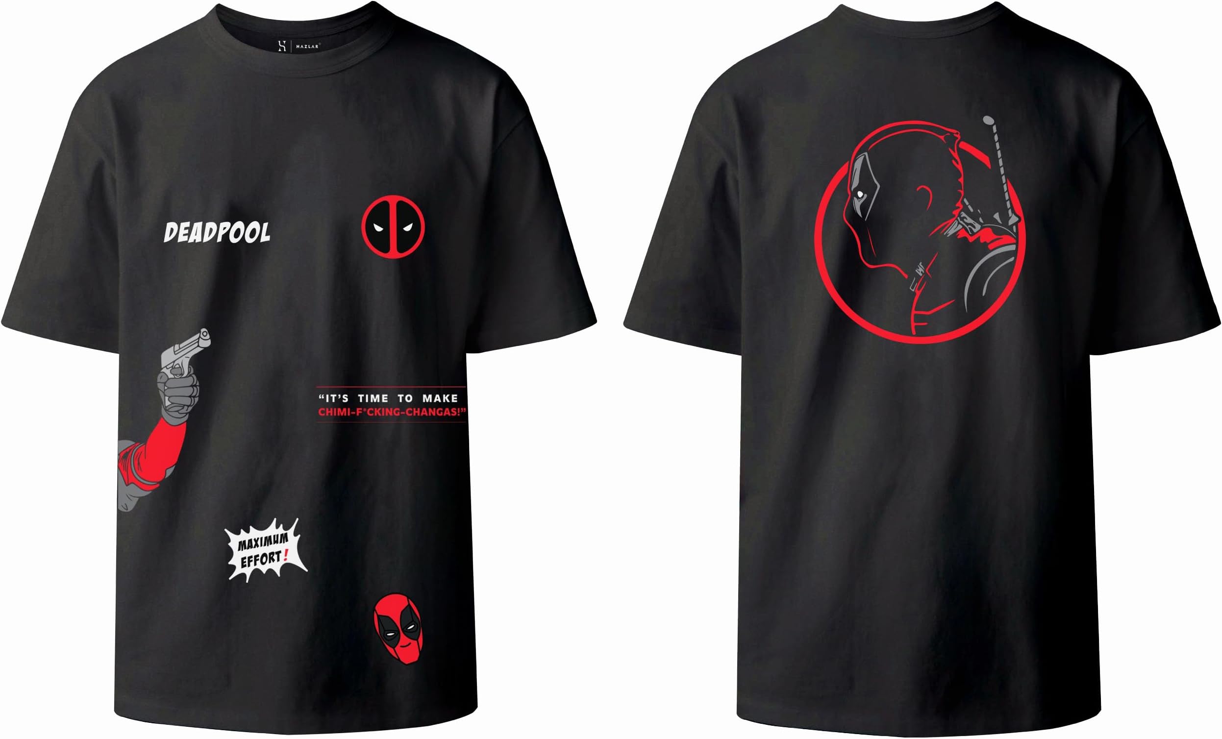 HAZLAR-Unisex Round Neck Regular Fit Front and Back Printed Black Color Deadpool T-Shirt