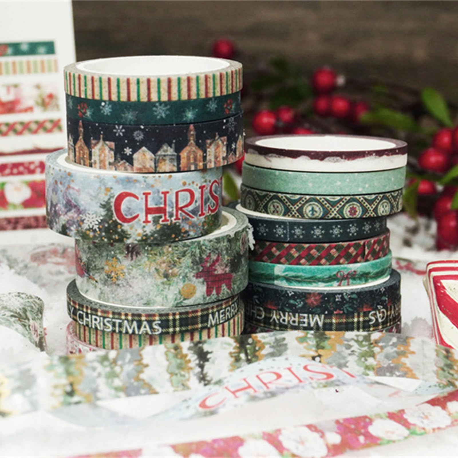 21 Rolls Christmas Washi Tape Set,Gold Foil Decorative Masking Tapes
