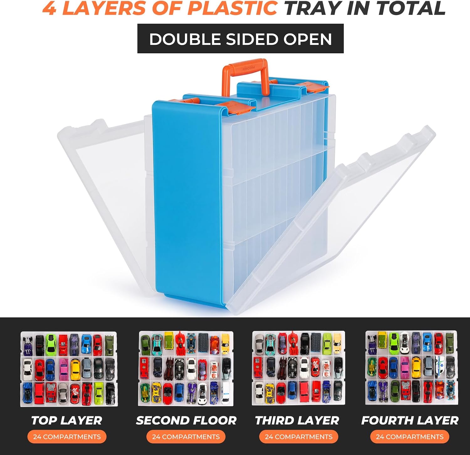 sturdy toy storage carrying case for 1:64 scale small toy cars - 96 slot toy car storage box compatible with hotwheels cars & matchbox cars. (blue)