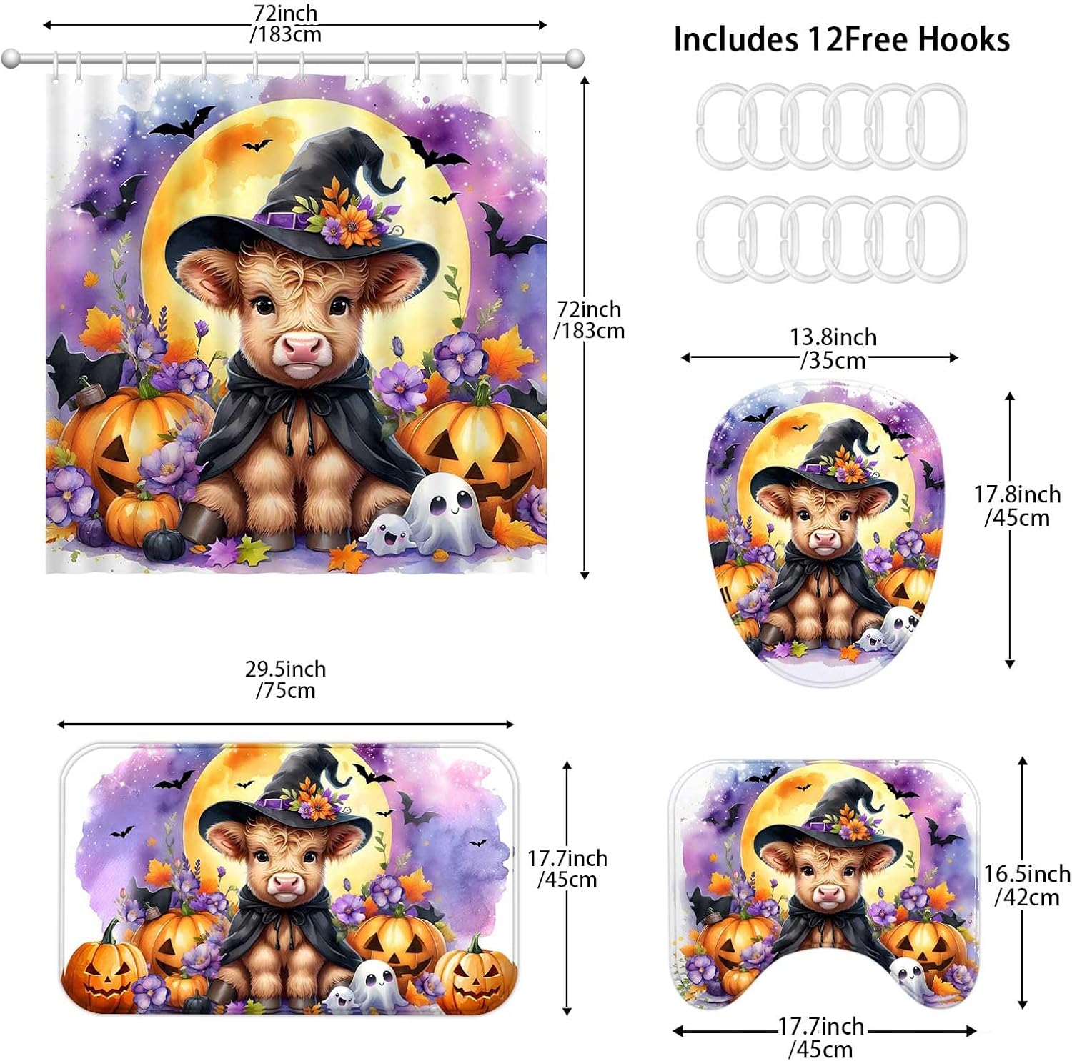 Halloween 4 Pcs Bathroom Shower Curtain Sets Decorations with Rugs image 4