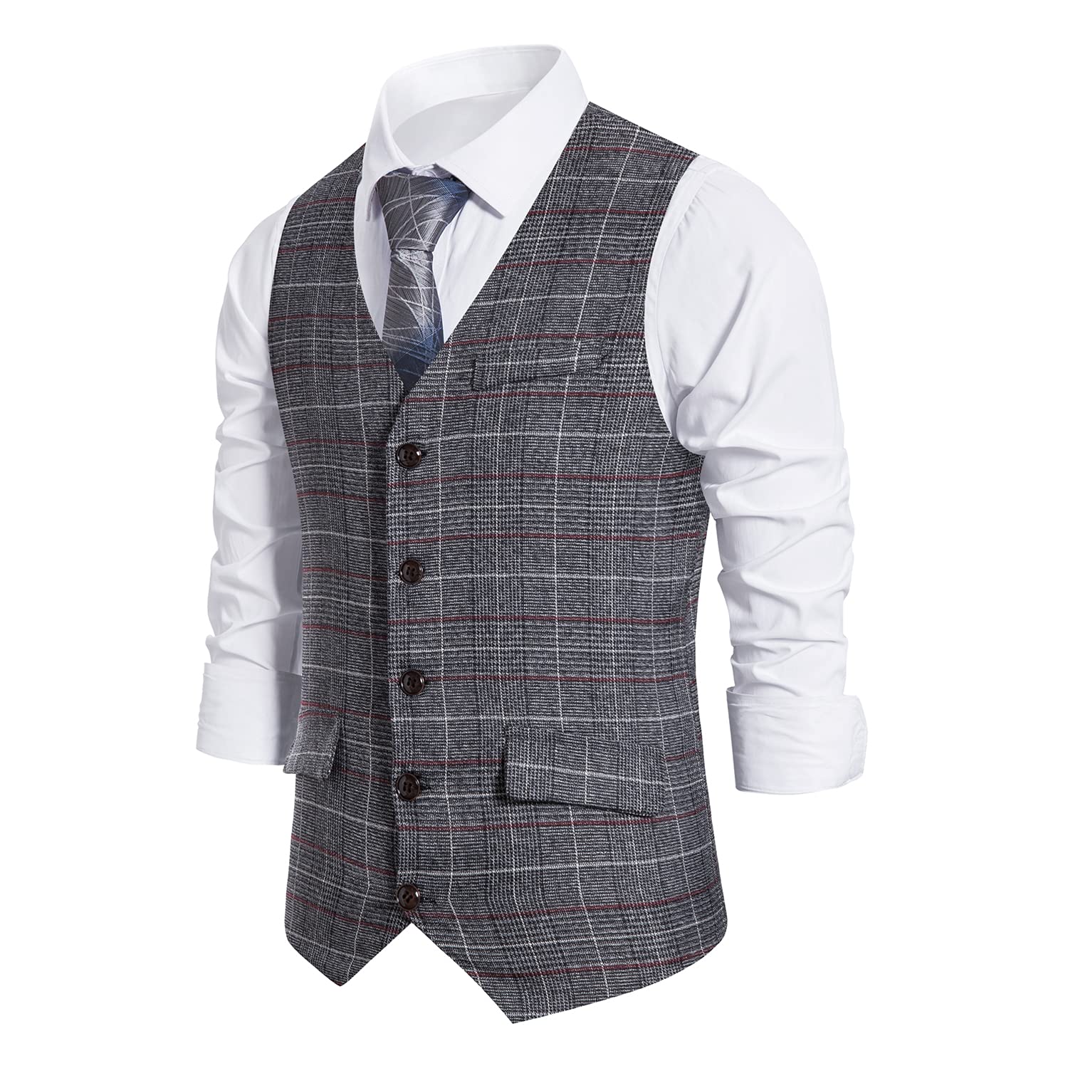 COTTORY Men's V-Neck Formal Plaid Dress Suit Vest Casual Slim Fit Dress 5 Button Vest Waistcoat