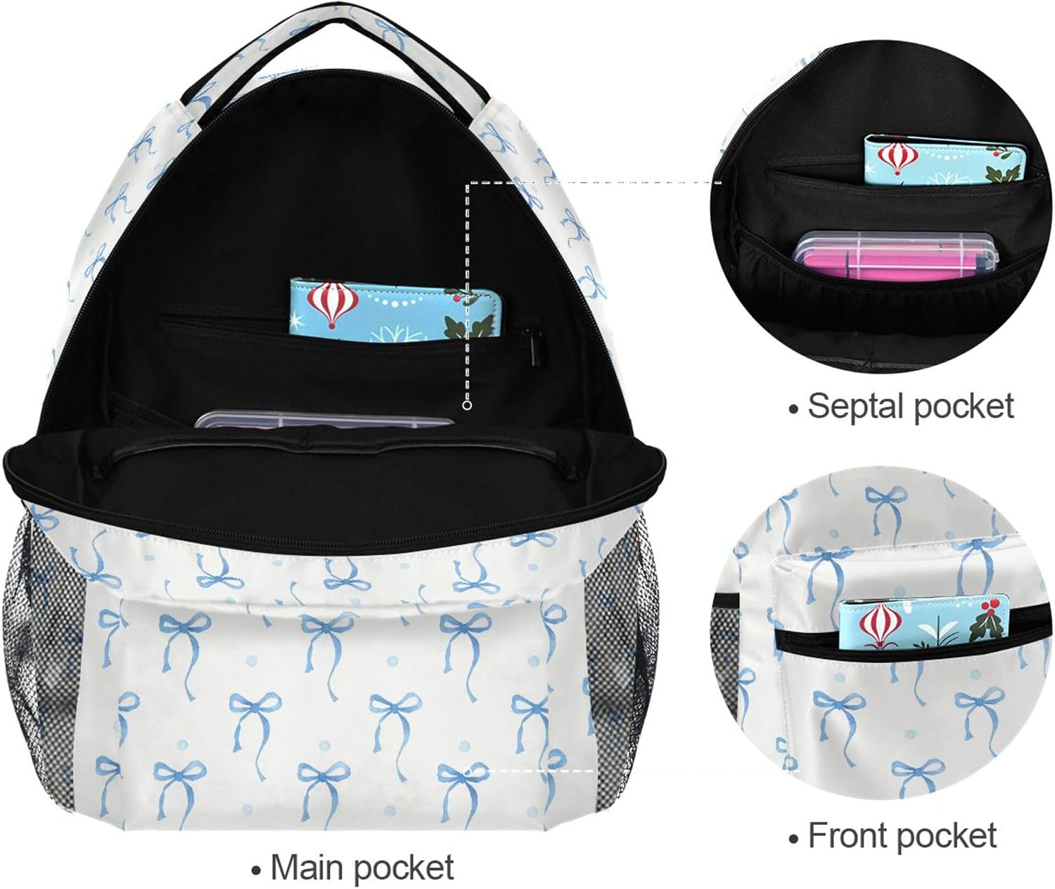 Wamika Blue Bowknot Backpack for School Cute Bow Ribbon Girls Boys Backpack Bookbag Kids Children Teens Backpacks for Age 6-16 M