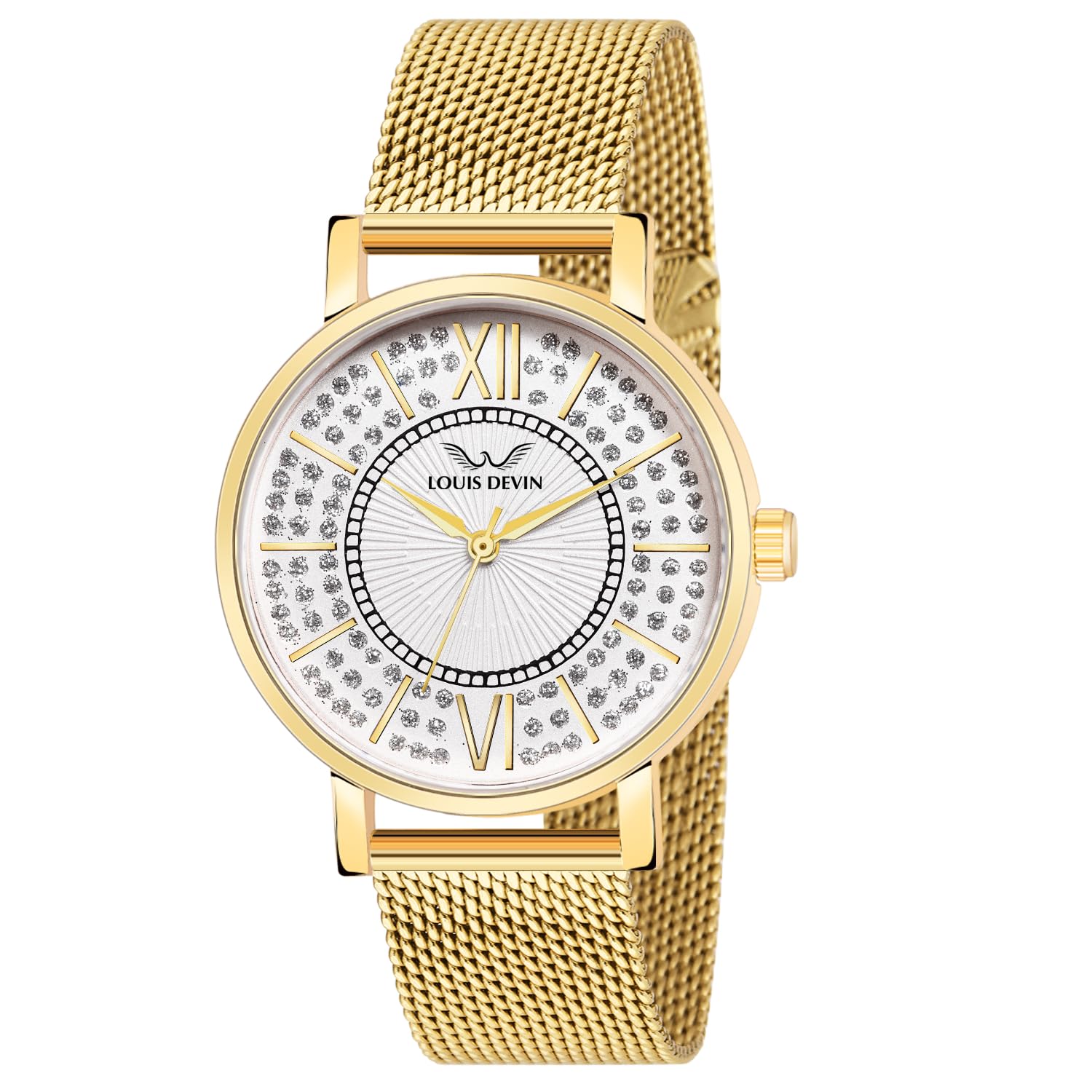 Gold Plated Mesh Chain Analog Wrist Watch for Women (White/Black/Golden Dial) | LD-GLD196-image-45